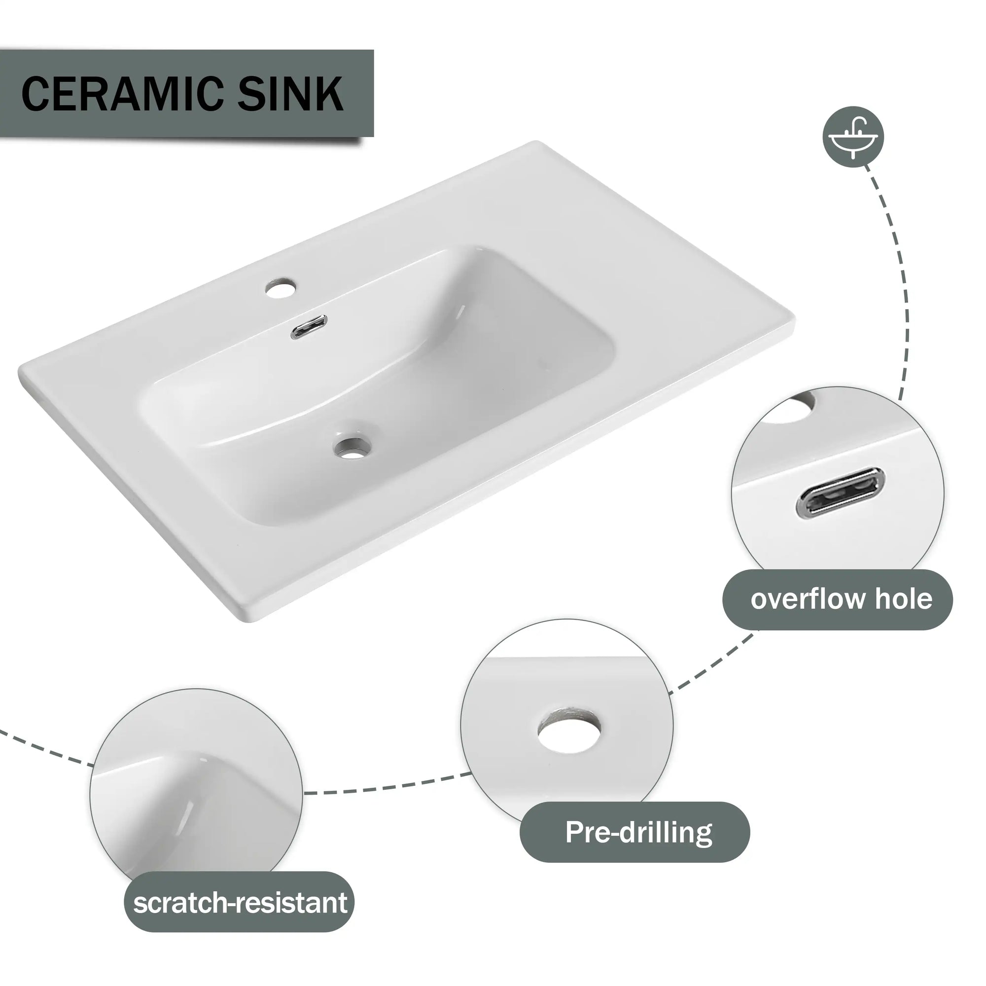 32" wide bathroom vanity ceramic sink feature graphic with overflow hole detail | Ace Decor