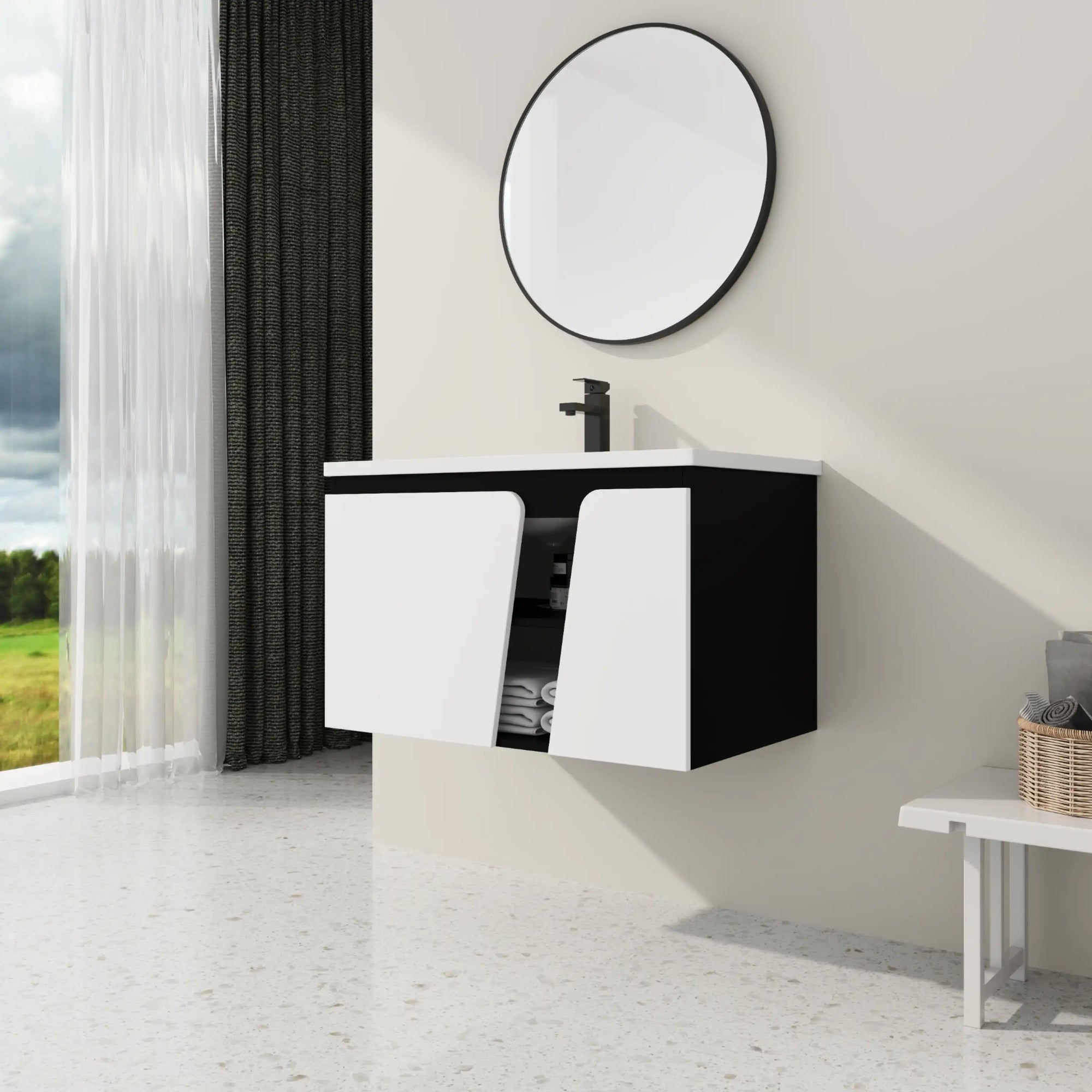 32" wide bathroom vanity wall-mounted in bathroom setting, front angled view | Ace Decor