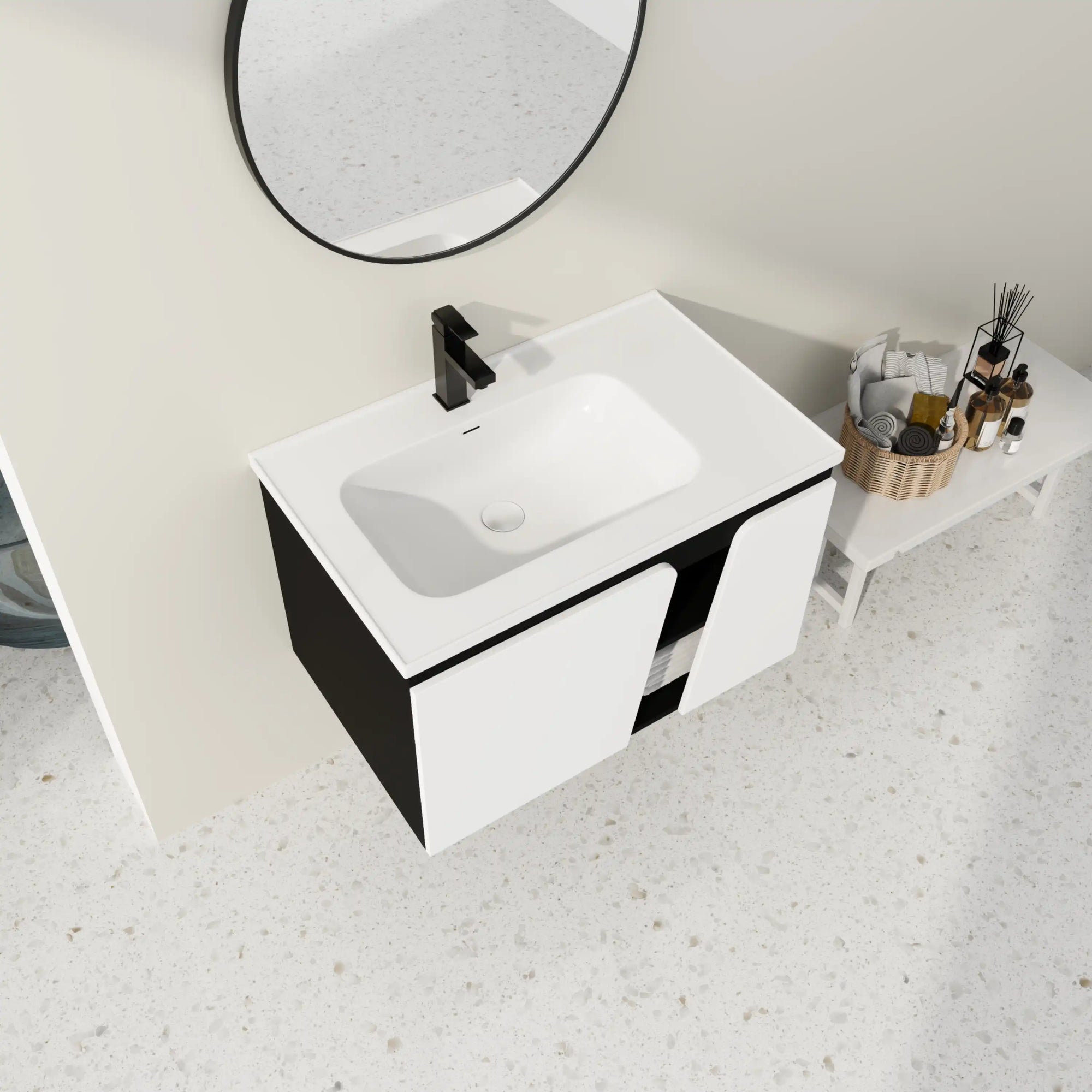 32" wide bathroom vanity with sink, overhead styled bathroom view | Ace Decor