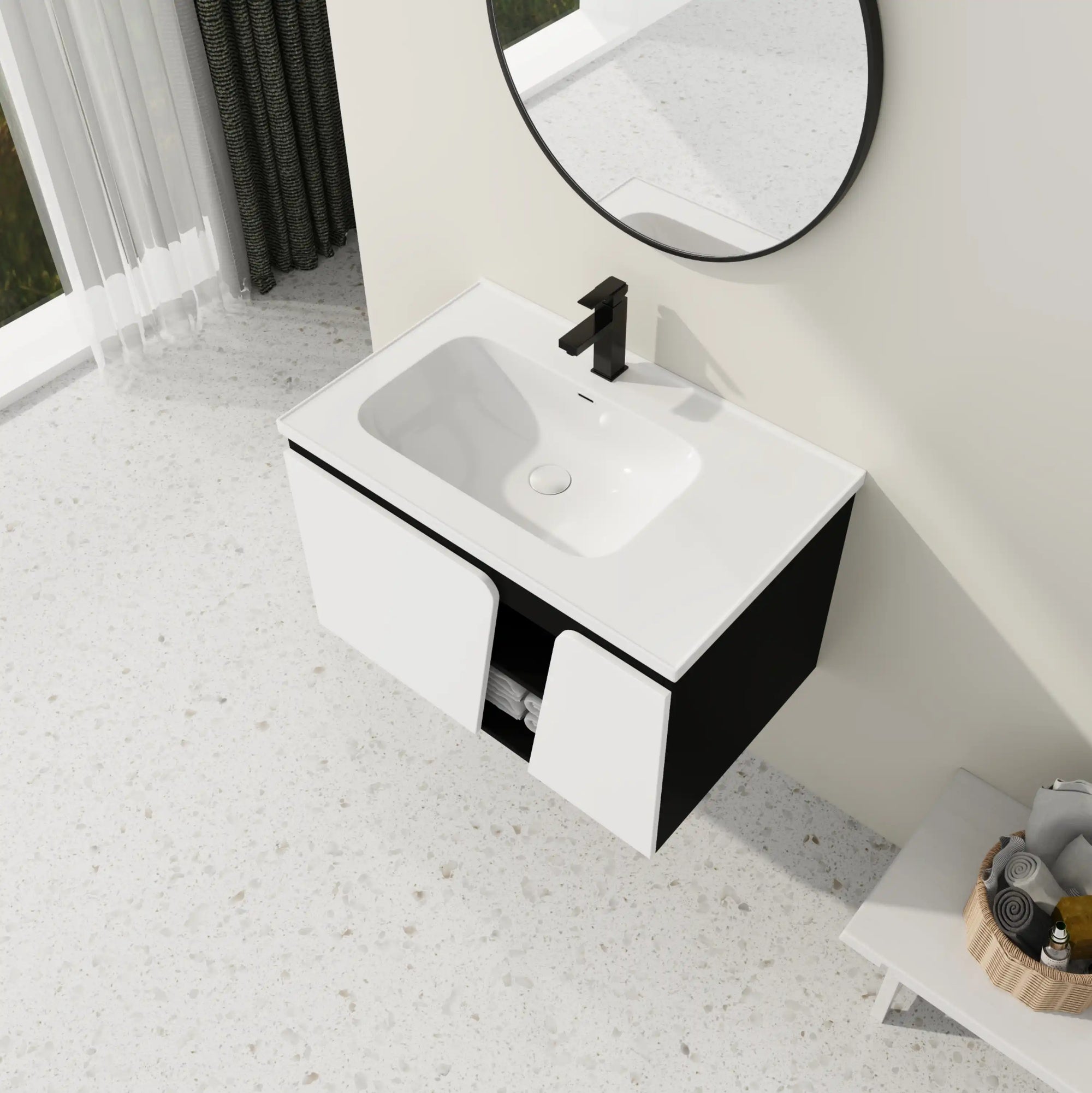 32" wide bathroom vanity in a modern bathroom, top angled room view | Ace Decor