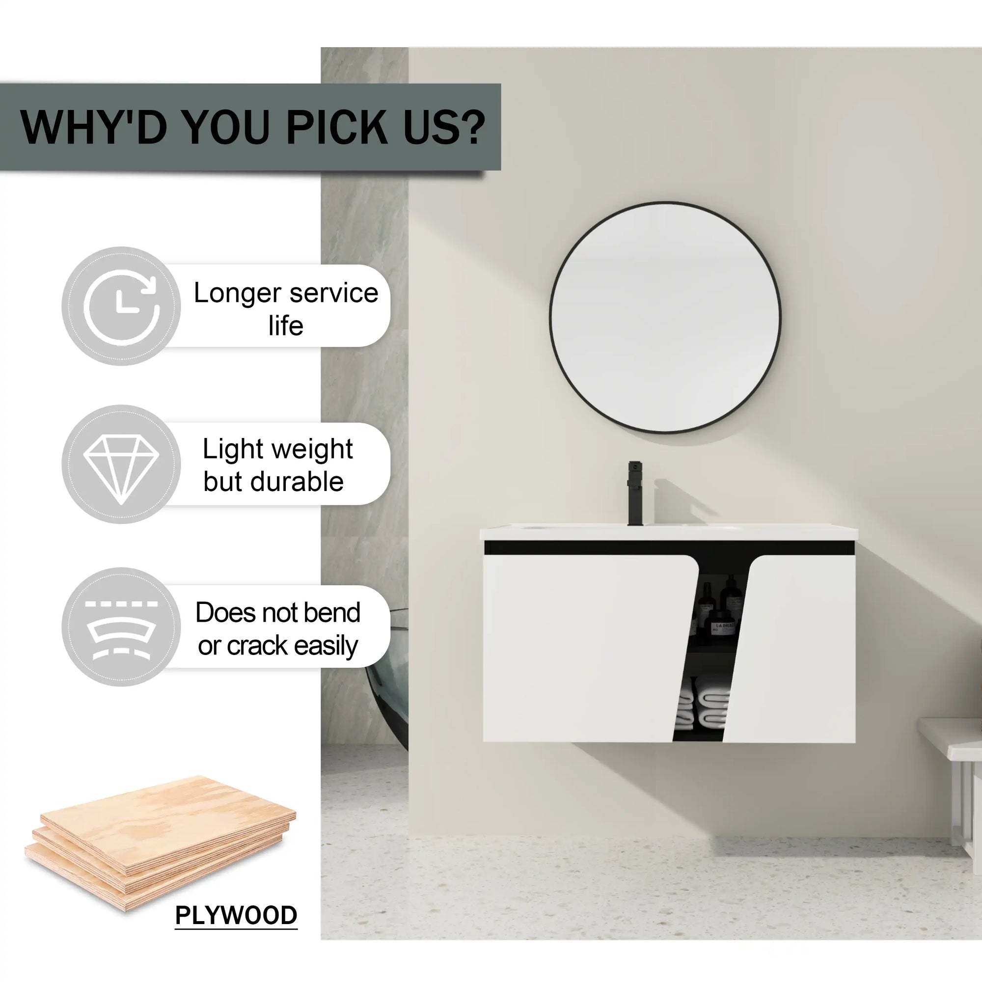 36" wall mounted vanity with sink plywood construction feature graphic | Ace Decor