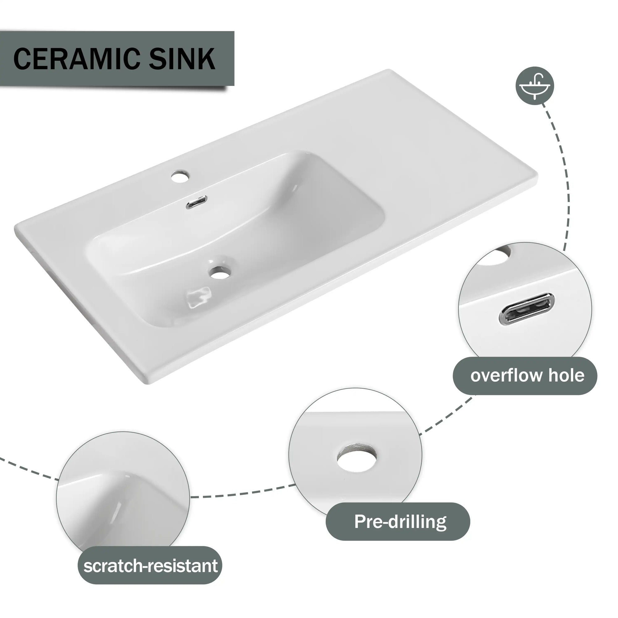 40" wall mounted vanity unit ceramic sink feature graphic | Ace Decor