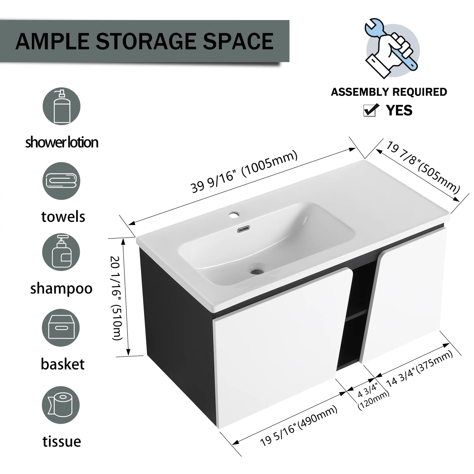 40" wall mounted vanity unit dimensions and storage layout graphic | Ace Decor