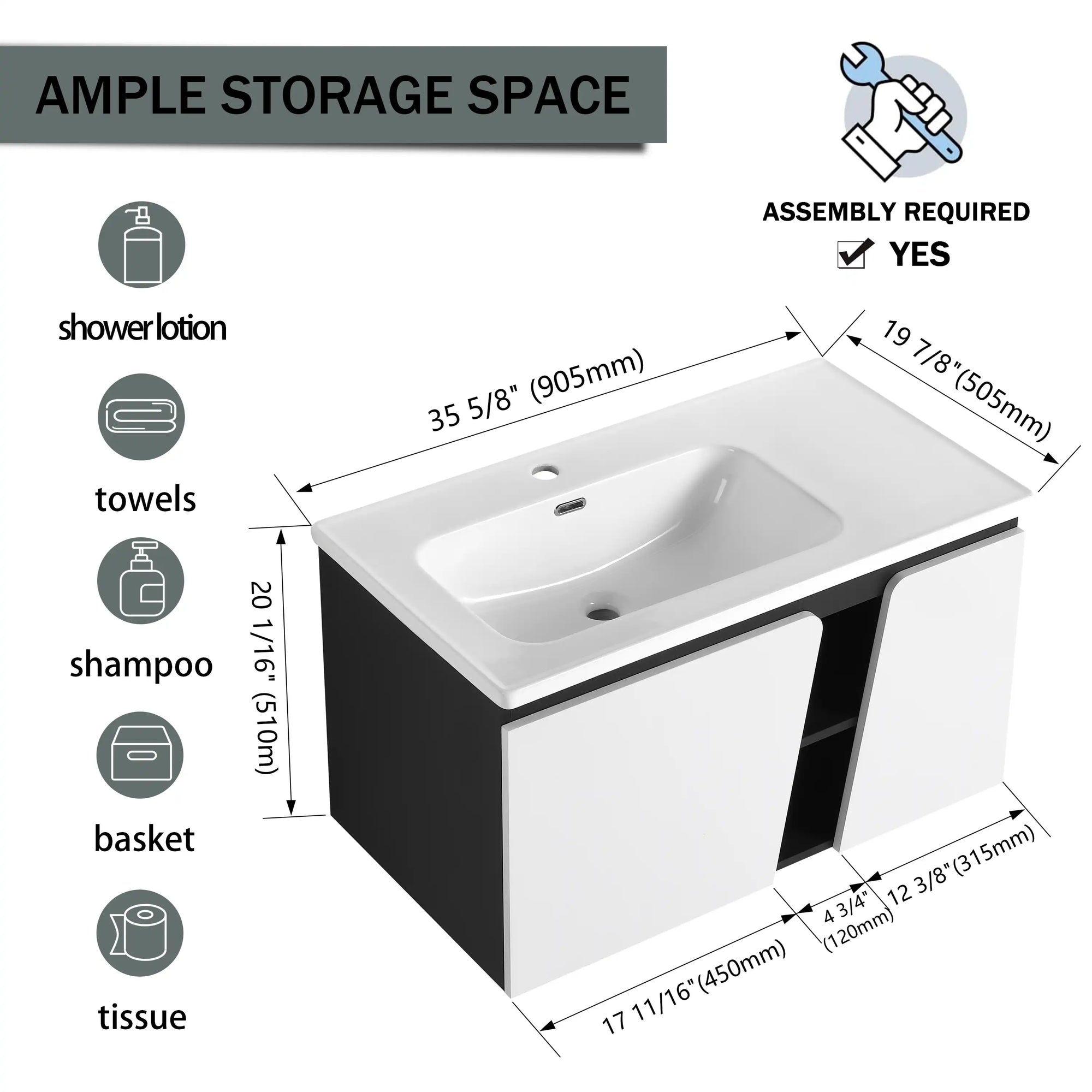 36" wall mounted vanity with sink dimensions and storage layout graphic | Ace Decor