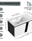 36" wall mounted vanity with sink dimensions and storage layout graphic | Ace Decor