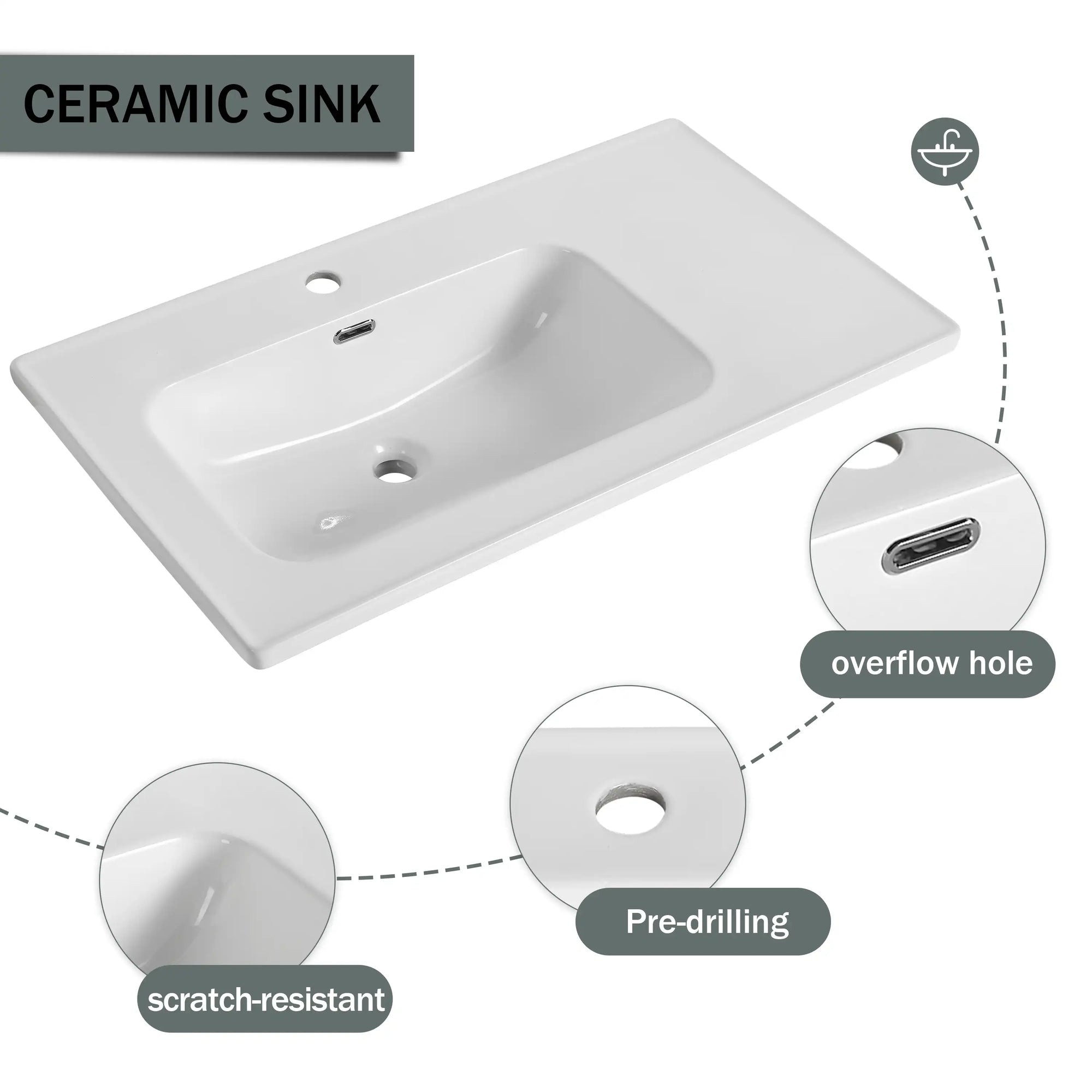 36" wall mounted vanity with sink ceramic basin feature graphic | Ace Decor