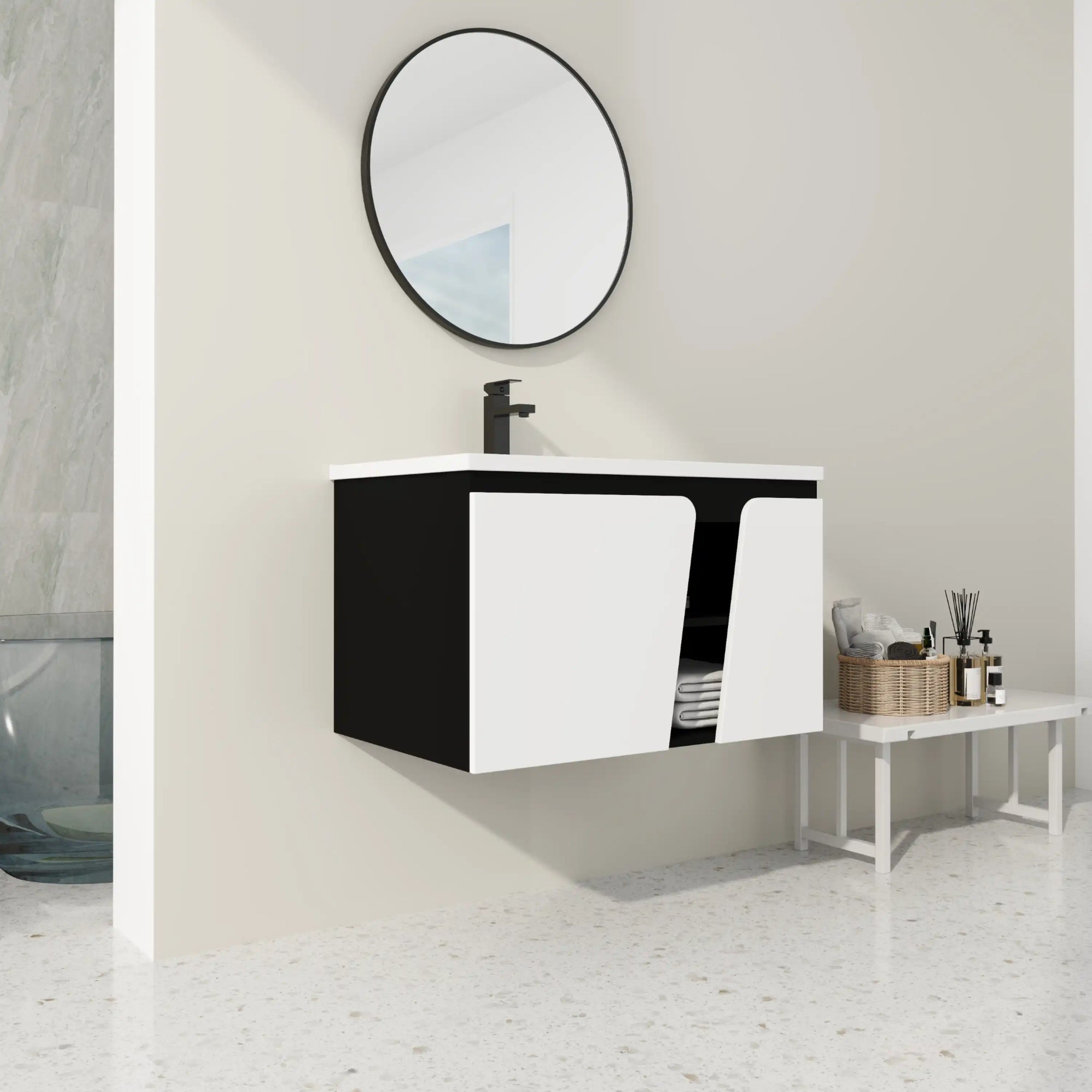 32" wide bathroom vanity with sink in modern bathroom, angled room view | Ace Decor