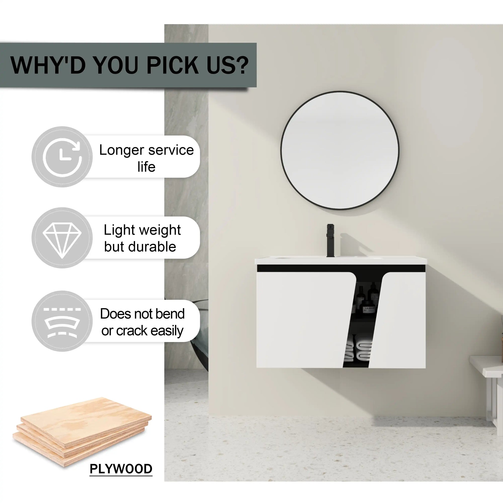 32" wide bathroom vanity plywood construction feature graphic in bathroom setting | Ace Decor