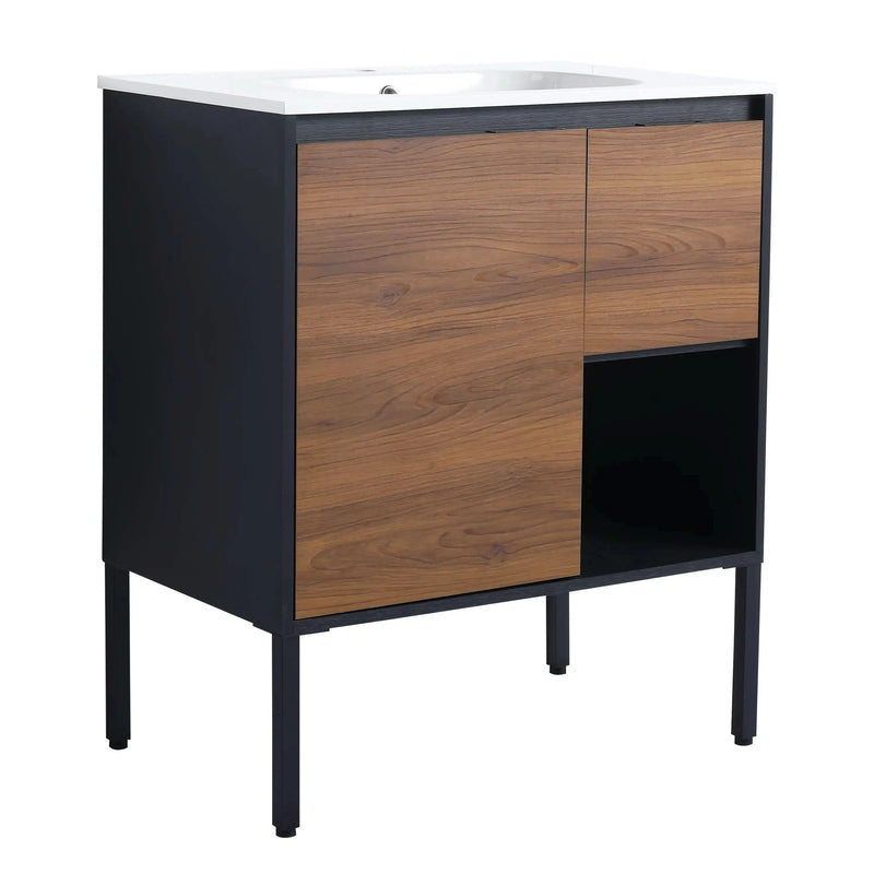 Modern 30" Brown Ebony Bathroom Vanity with Sink, Soft-Close Cabinet, Drawer & Open Shelf
