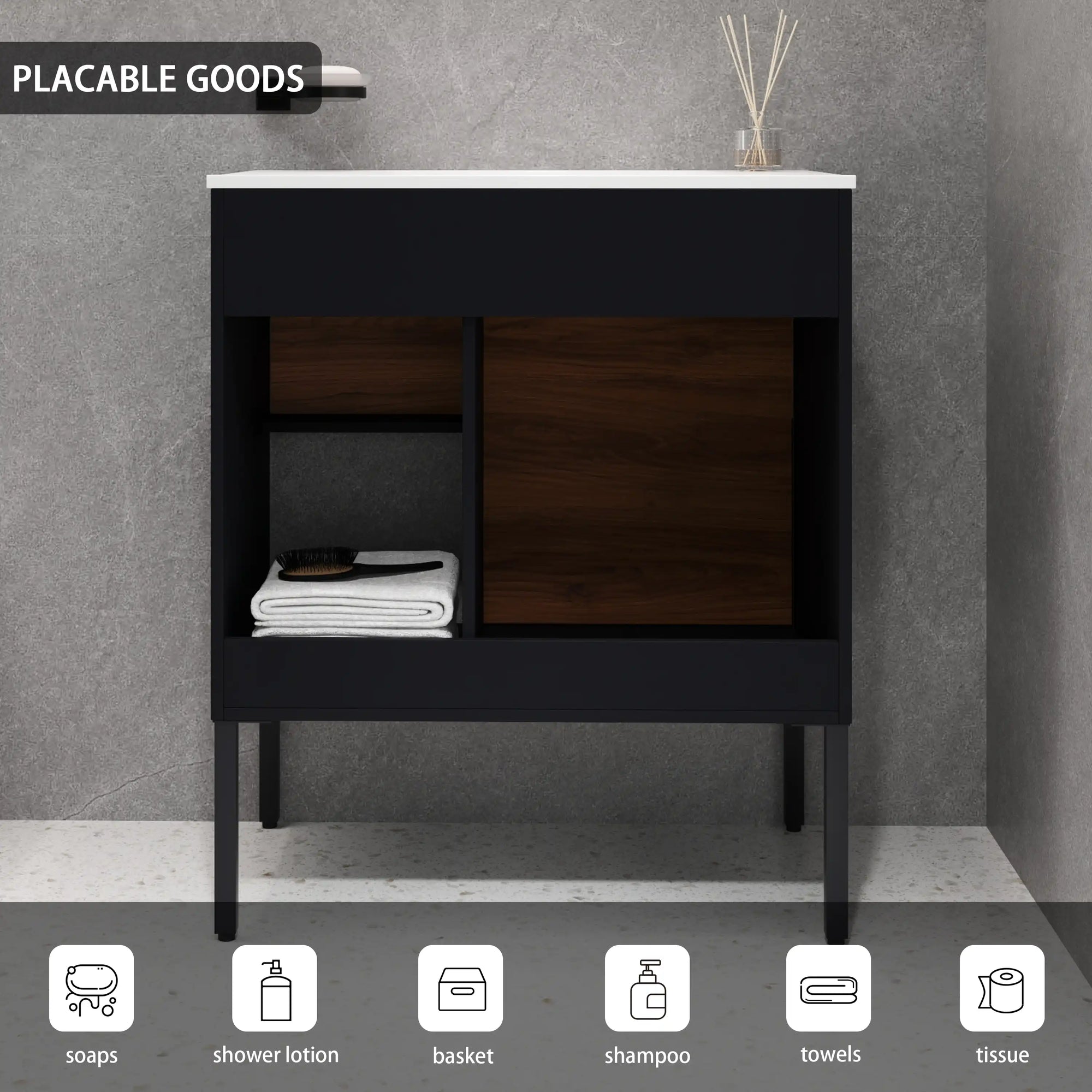 30" brown bathroom vanities open shelf storage for bathroom essentials | Ace Decor