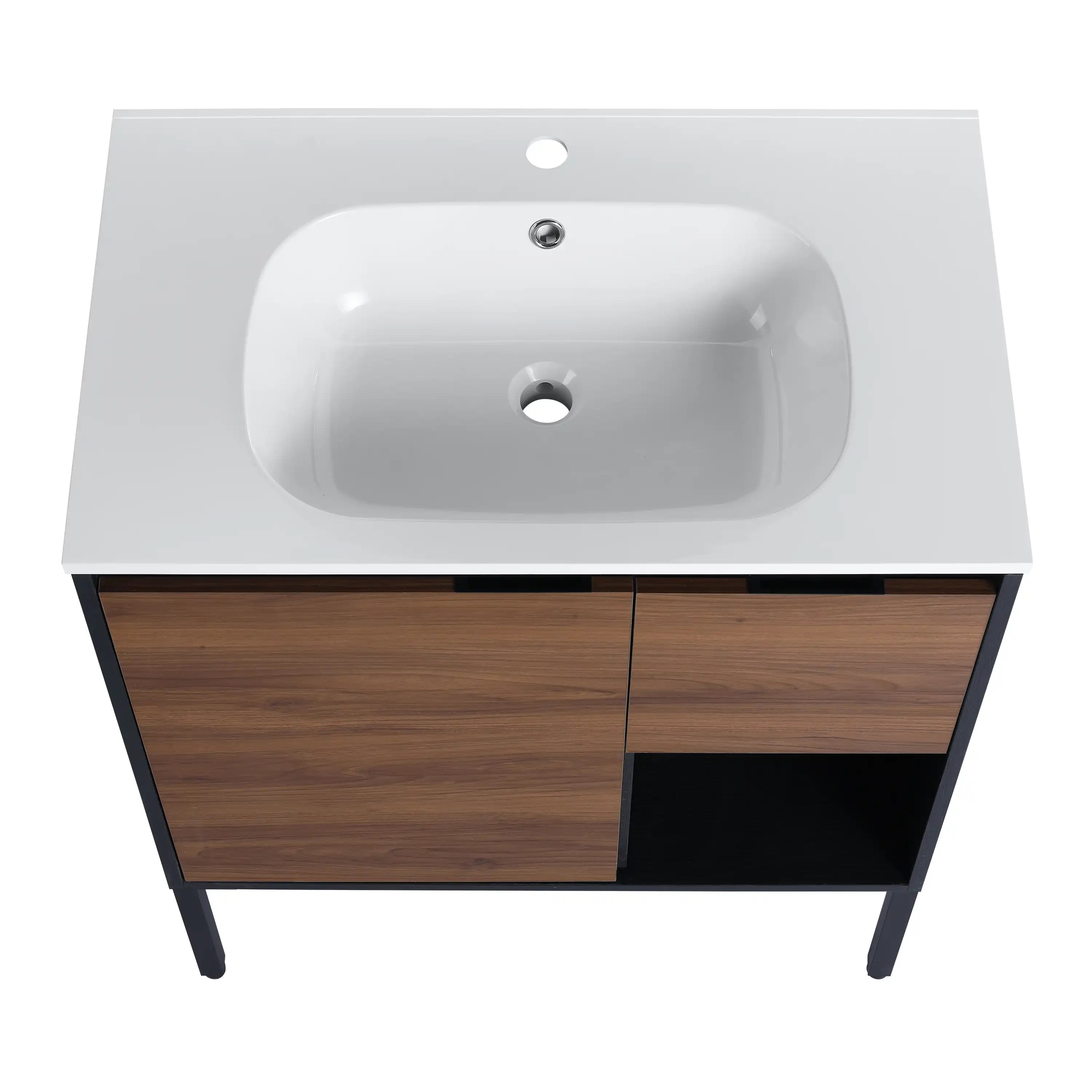 AlderCraft Series 30" brown bathroom vanity top view with integrated sink and wood cabinet.