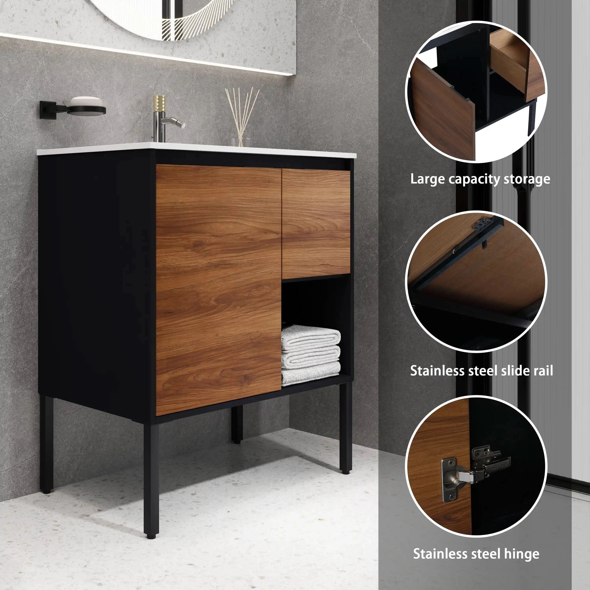 30 Inch Freestanding Bathroom Vanity with Gel Sink, Soft-Close Door & 2/3 Soft-Close Drawers color:Brown Ebony