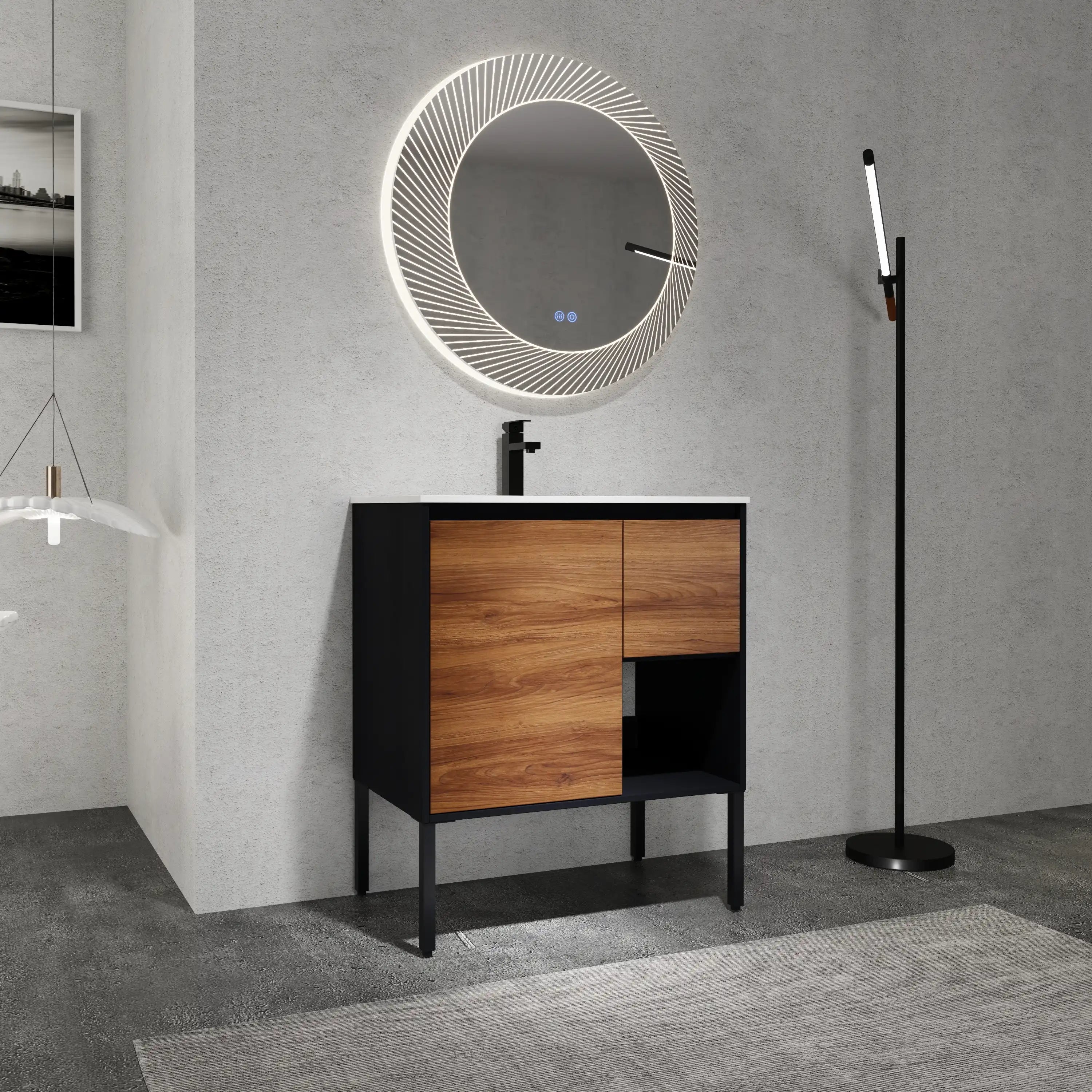 30" brown bathroom vanity modern freestanding vanity with mirror and storage.