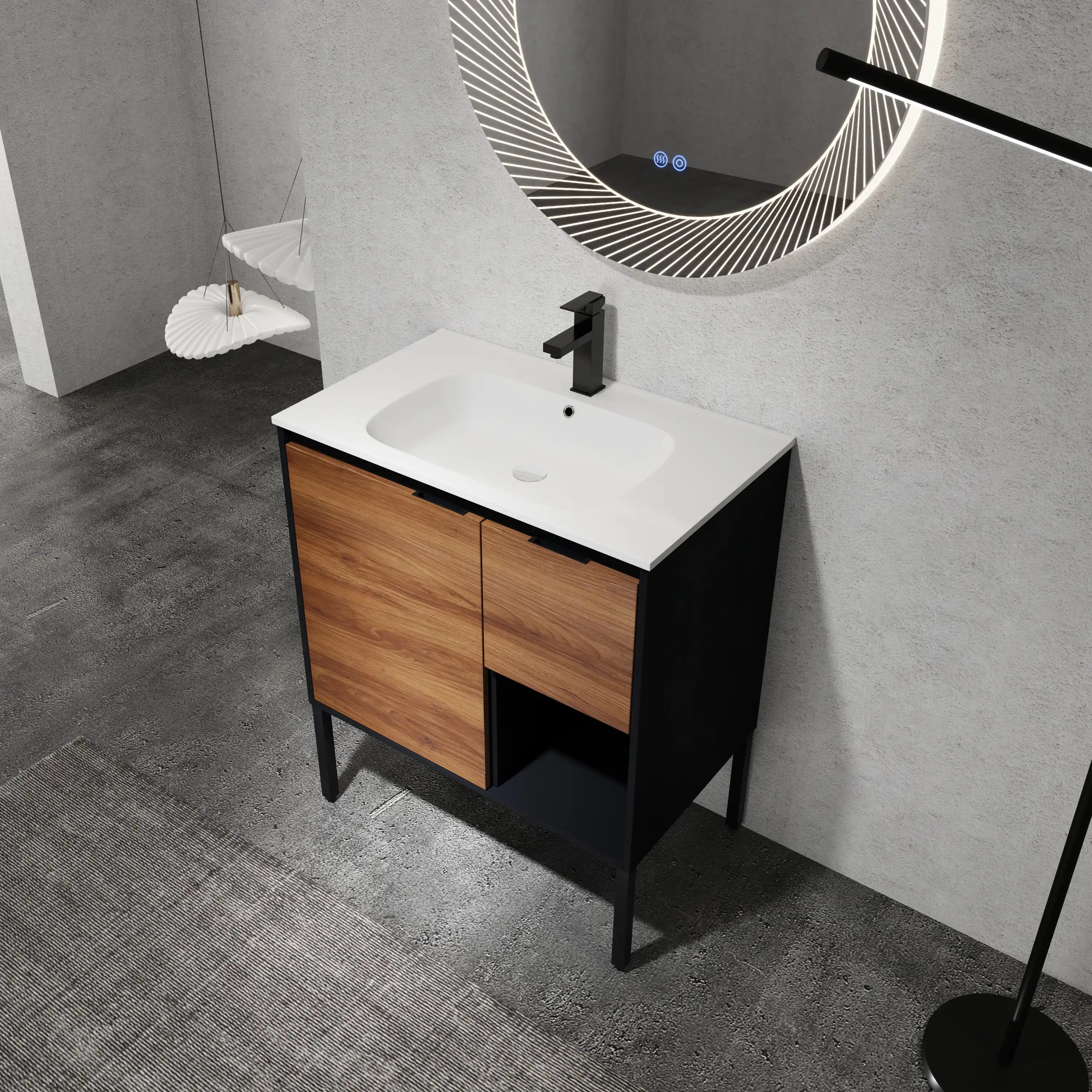 30" brown bathroom vanity angled view with wood cabinet and open shelf.