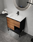 30" brown bathroom vanities angled view with wood cabinet and open shelf | Ace Decor