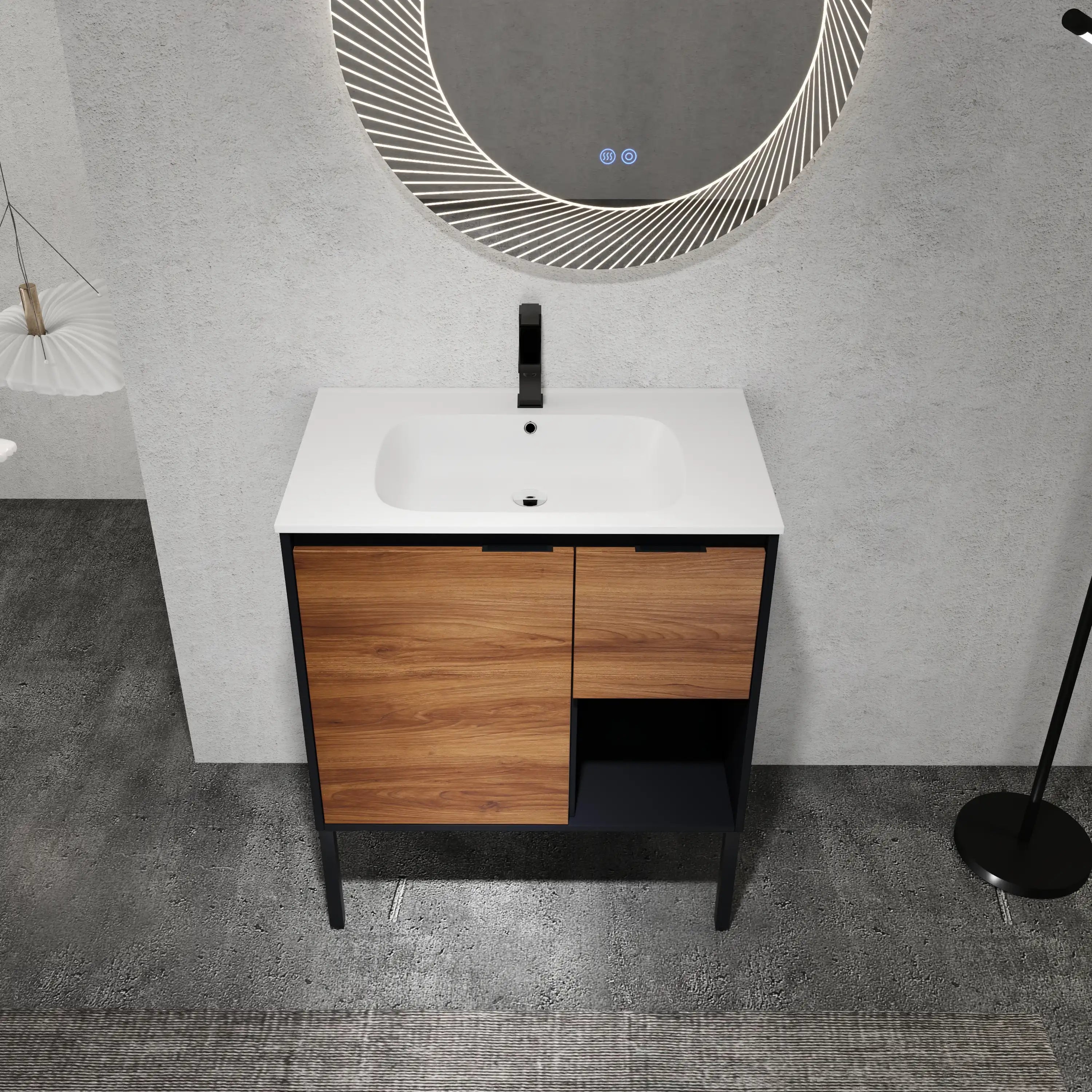 30" brown bathroom vanity front view with integrated sink and wood grain cabinet.