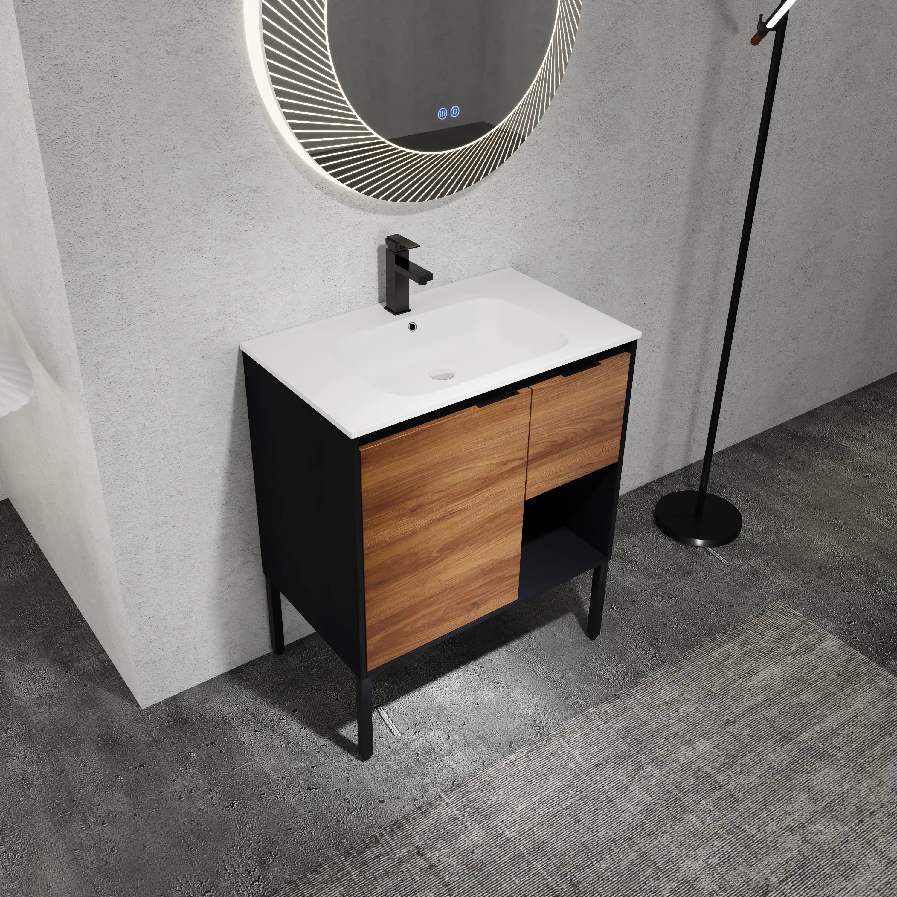 30" brown bathroom vanity with modern sink and wood cabinet in bathroom setting.