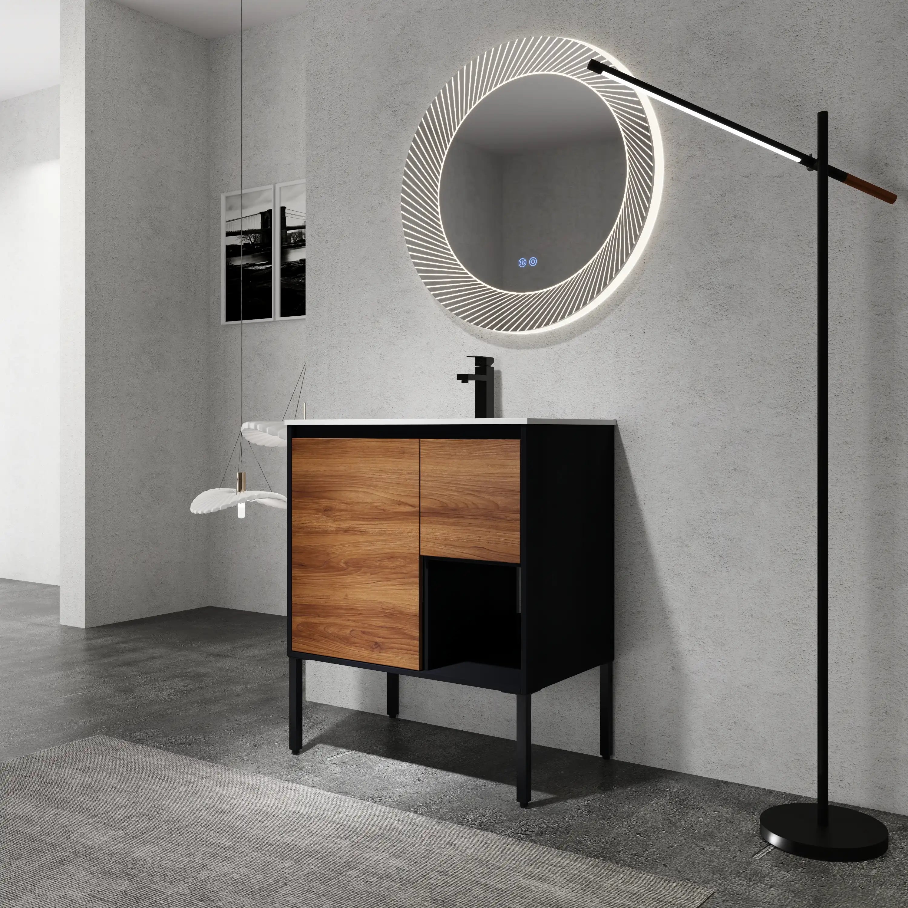 30" brown bathroom vanity modern wood cabinet with integrated sink in bathroom setting.