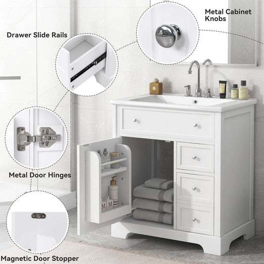 bathroom vanity cabinet with sink top door and two drawers color: white