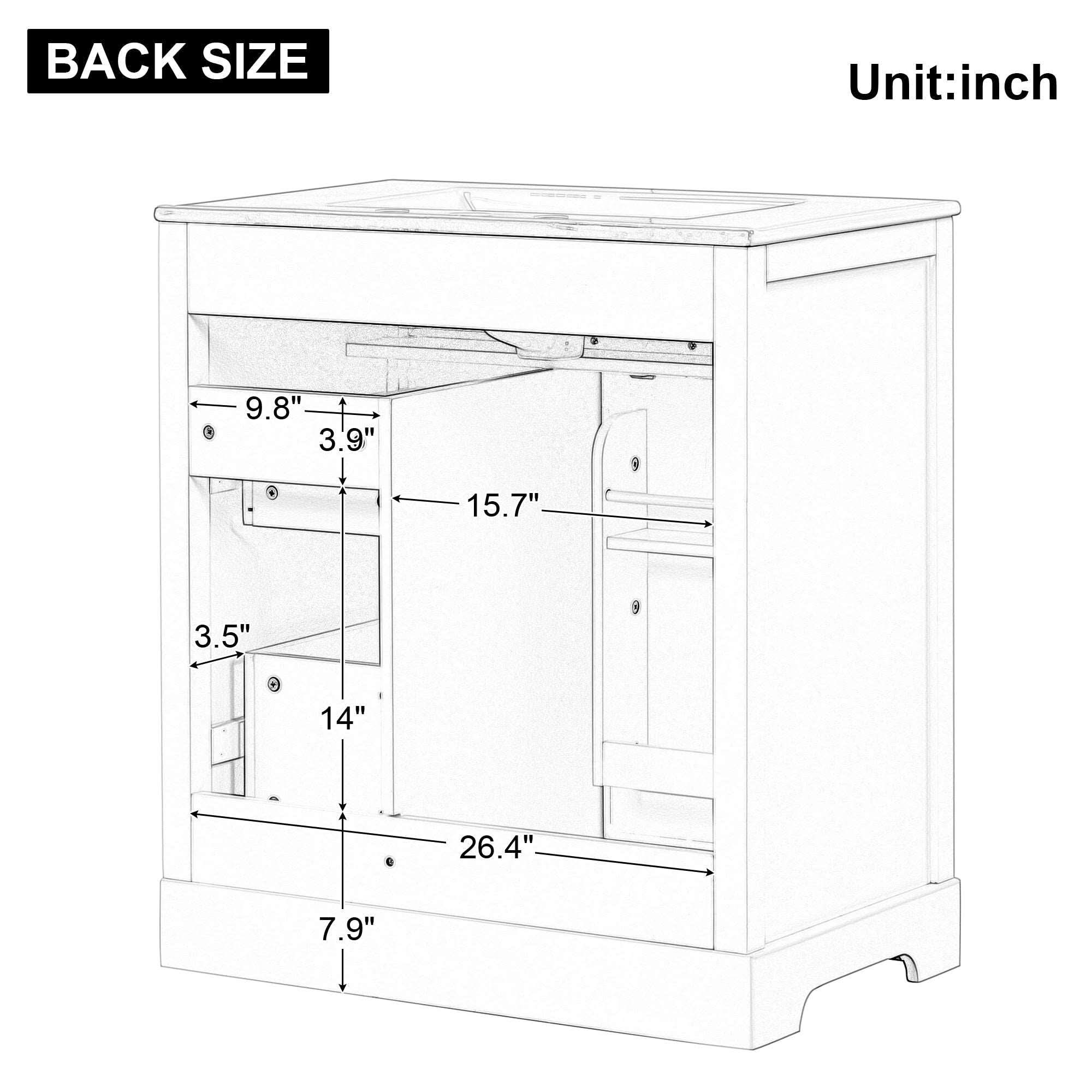 bathroom vanity cabinet with sink top door and two drawers color: white