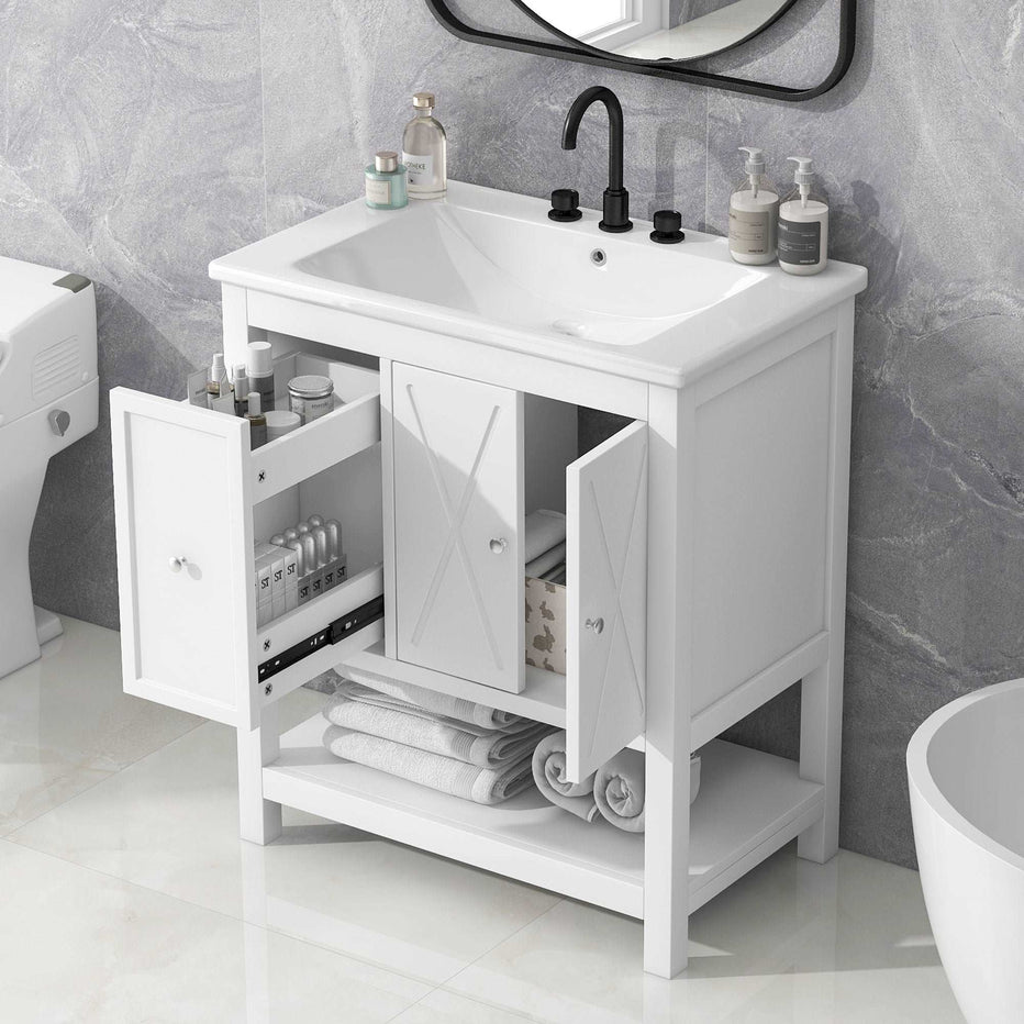 30 inch Bathroom Vanity Cabinet with Sink Top Two Doors and One DrawerOne Package White