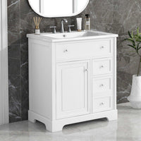 30" white bathroom freestanding vanity with chrome faucet in a modern bathroom.
