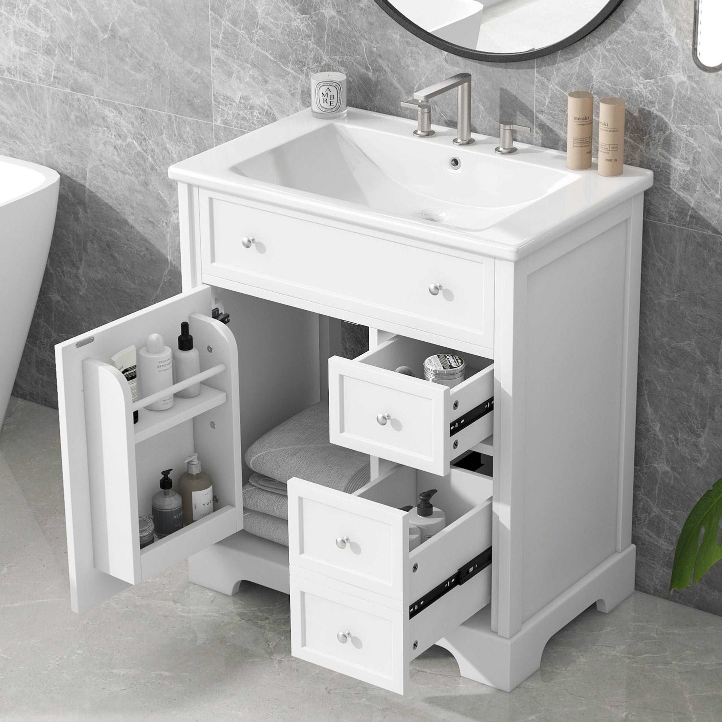 bathroom vanity cabinet with sink top door and two drawers color: white