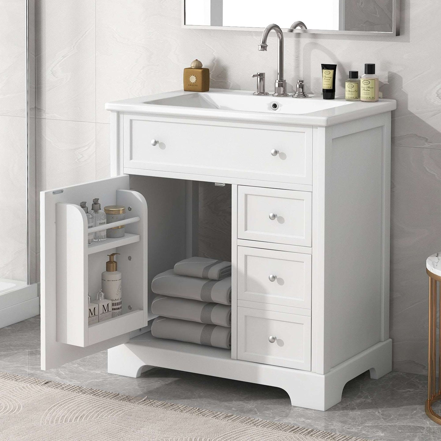 bathroom vanity cabinet with sink top door and two drawers color: white