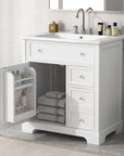 bathroom vanity cabinet with sink top door and two drawers color: white