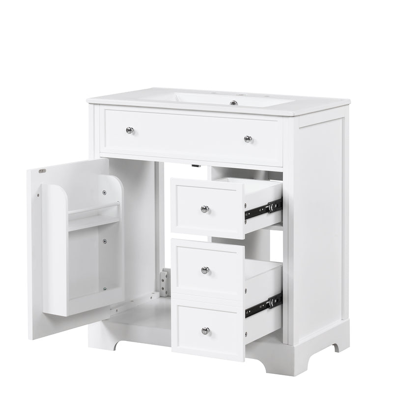 30" White Bathroom Vanity Cabinet with Ceramic Sink, 3 Drawers & Open Shelf