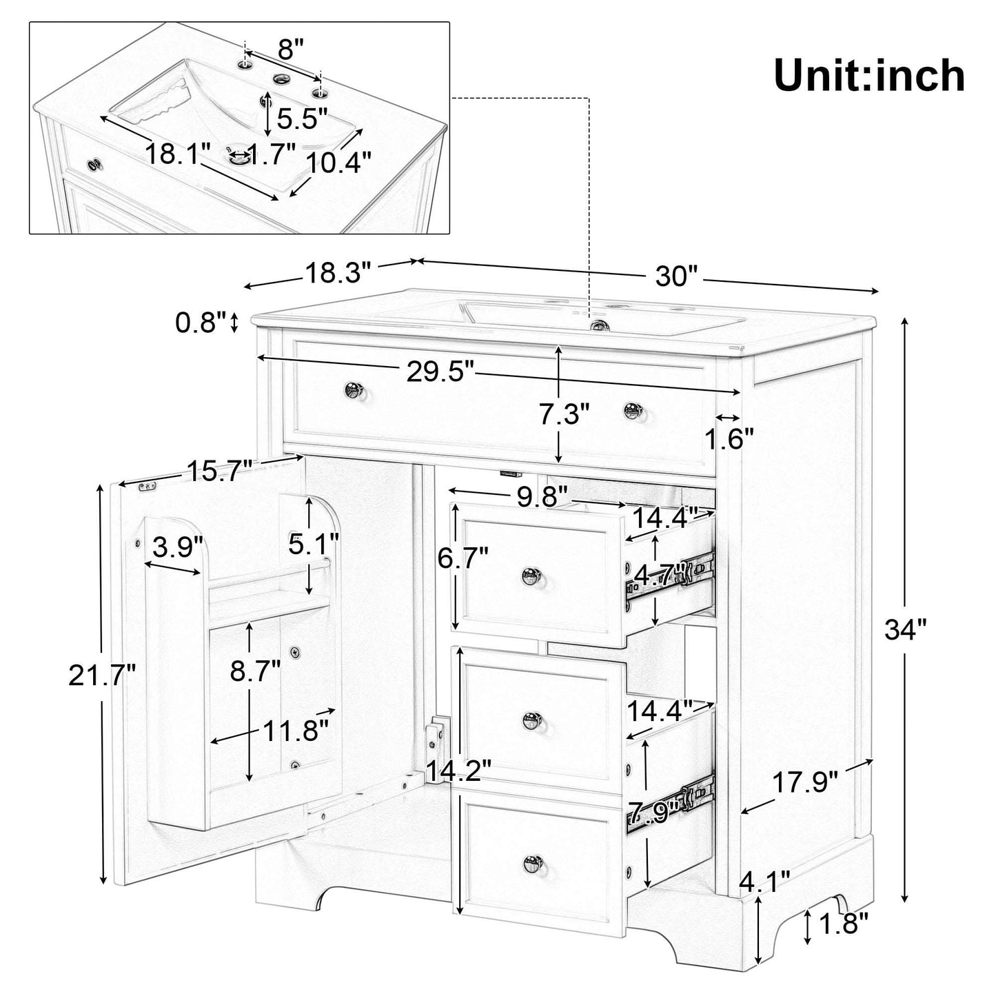 bathroom vanity cabinet with sink top door and two drawers color: white