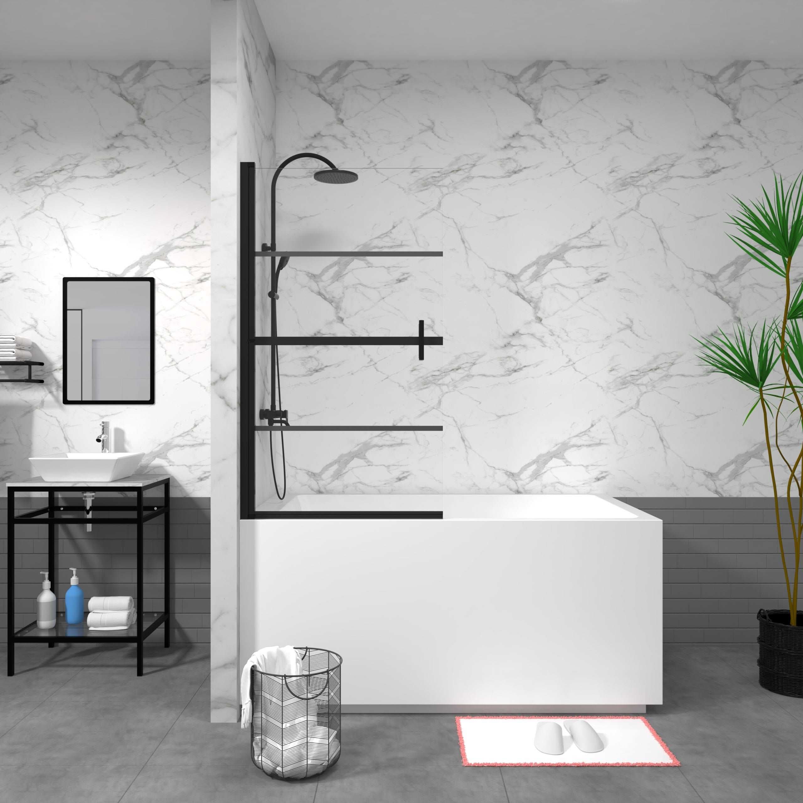 A minimalist bathtub with a black-framed hinged glass shower screen, set against elegant marble walls and industrial-chic accents. | ACE DECOR
