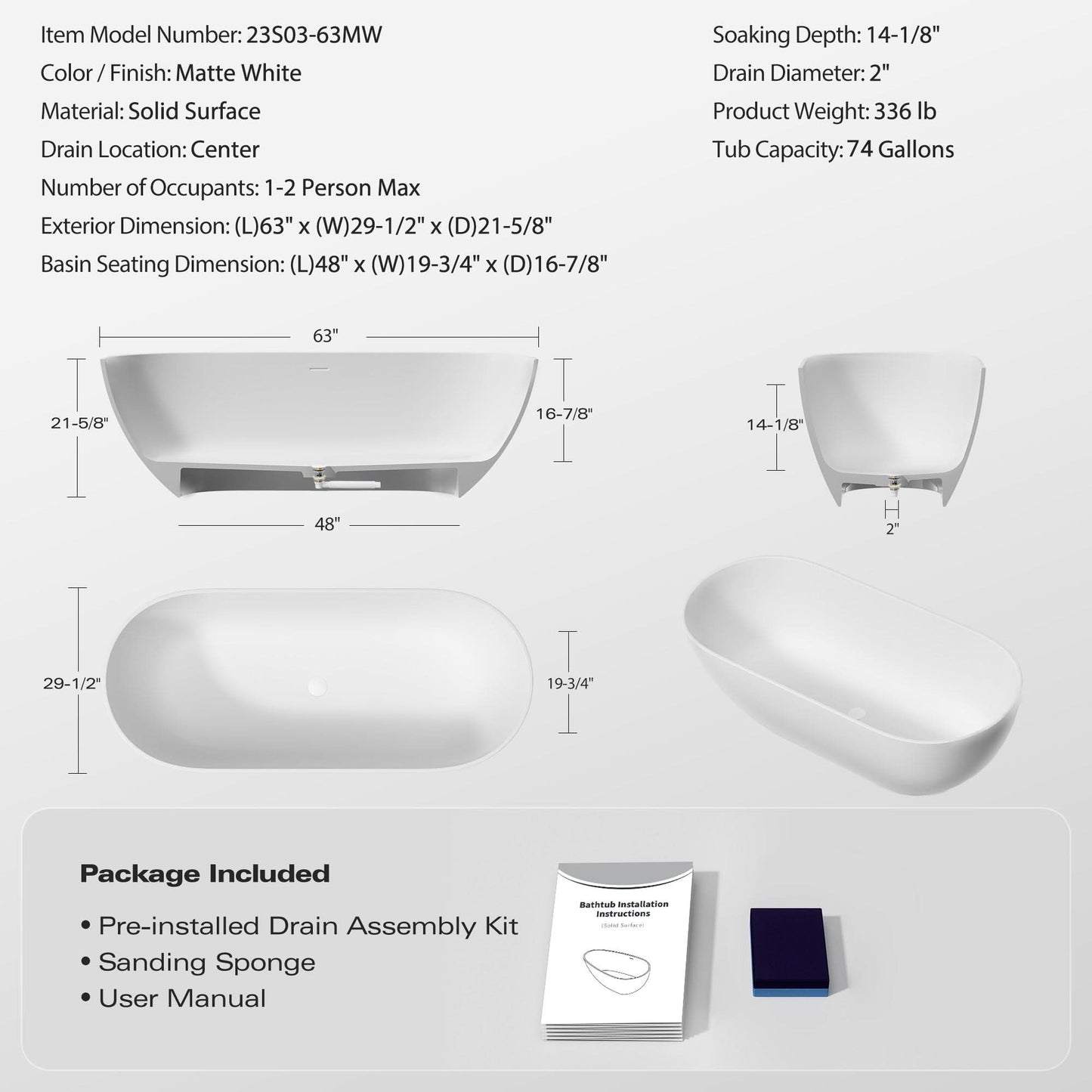 Luxurious Handcrafted Solid Surface Freestanding Bathtub color: Matte white