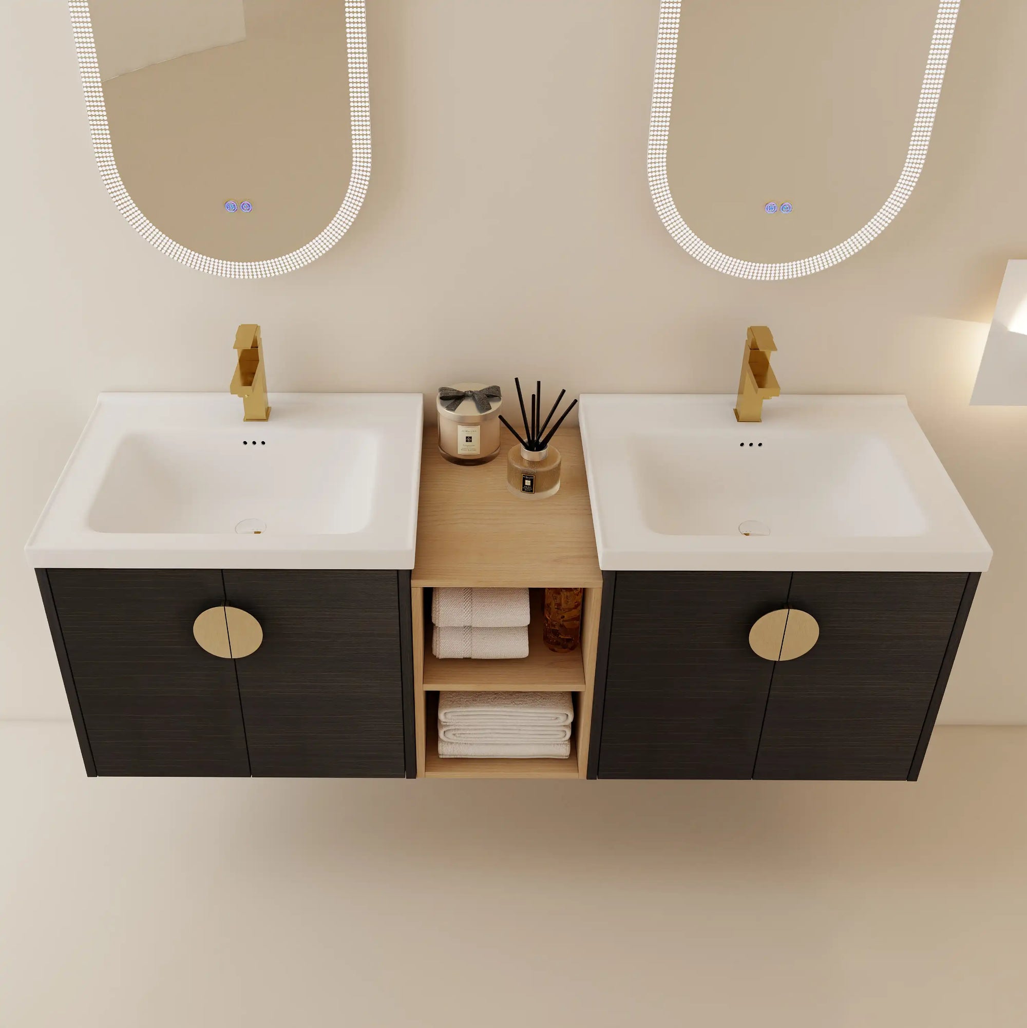 60 inch bathroom combo vanities with double integrated sinks and modern wall-mounted design | Ace Decor