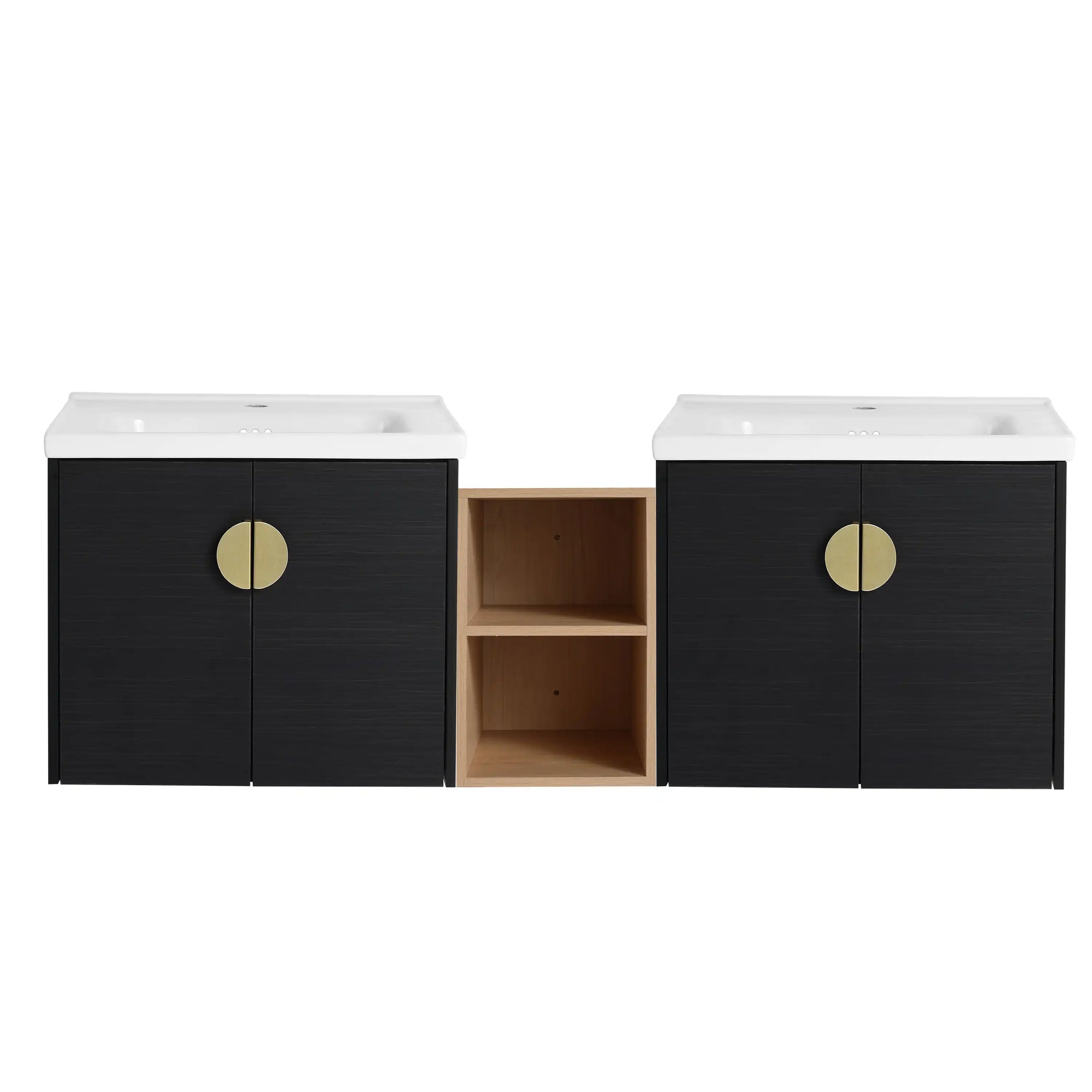 60 inch bathroom combo vanities featuring wall-mounted double sink design with open center storage | Ace Decor