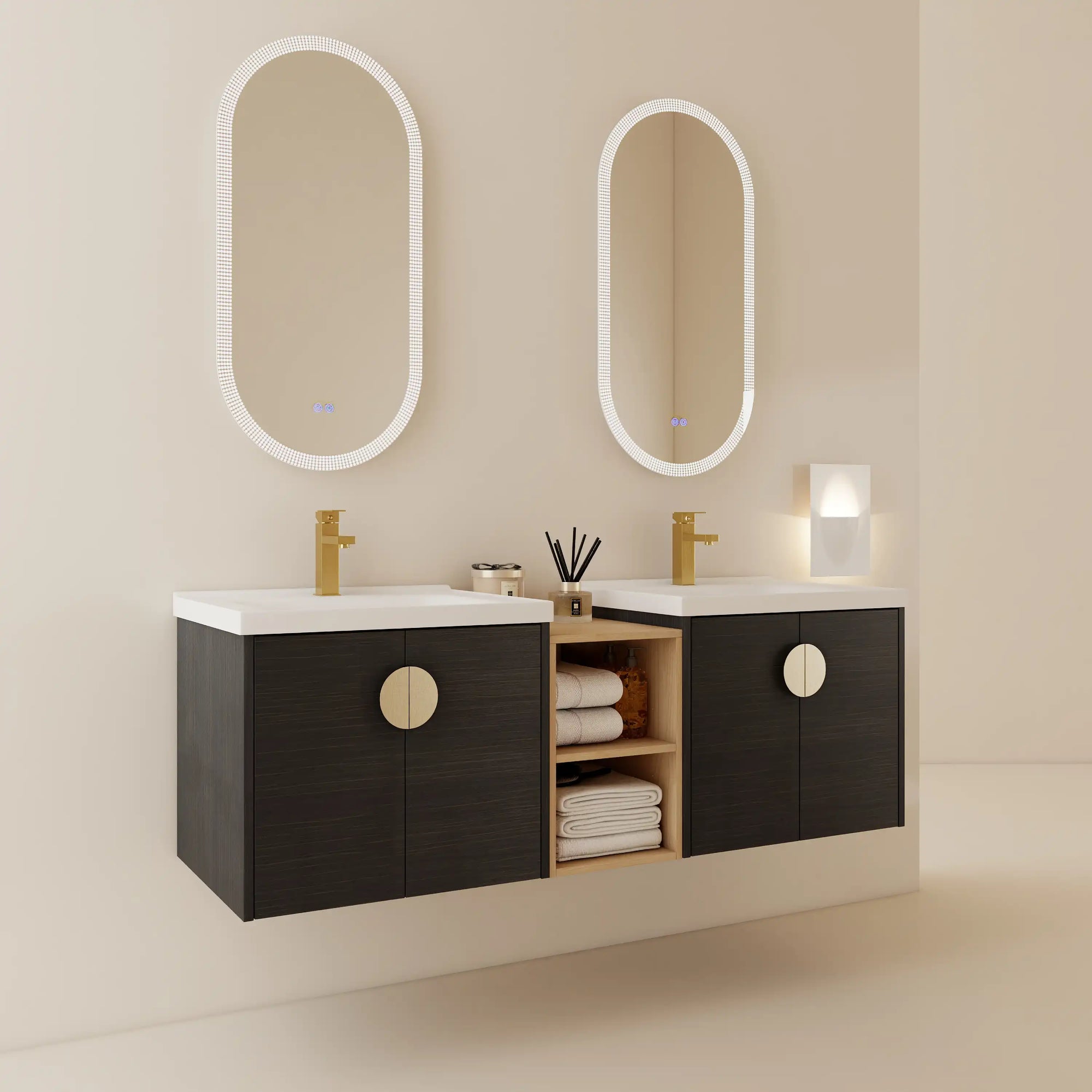 60 inch bathroom combo vanities with double floating sinks, black cabinets and center open shelf | Ace Decor