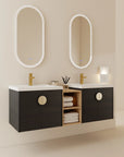 60 inch bathroom combo vanities with double floating sinks, black cabinets and center open shelf | Ace Decor