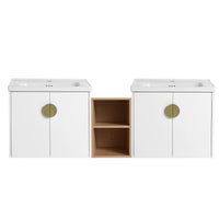 60 inch floating vanity set with double-door cabinets and ceramic sinks, front view | Ace Decor