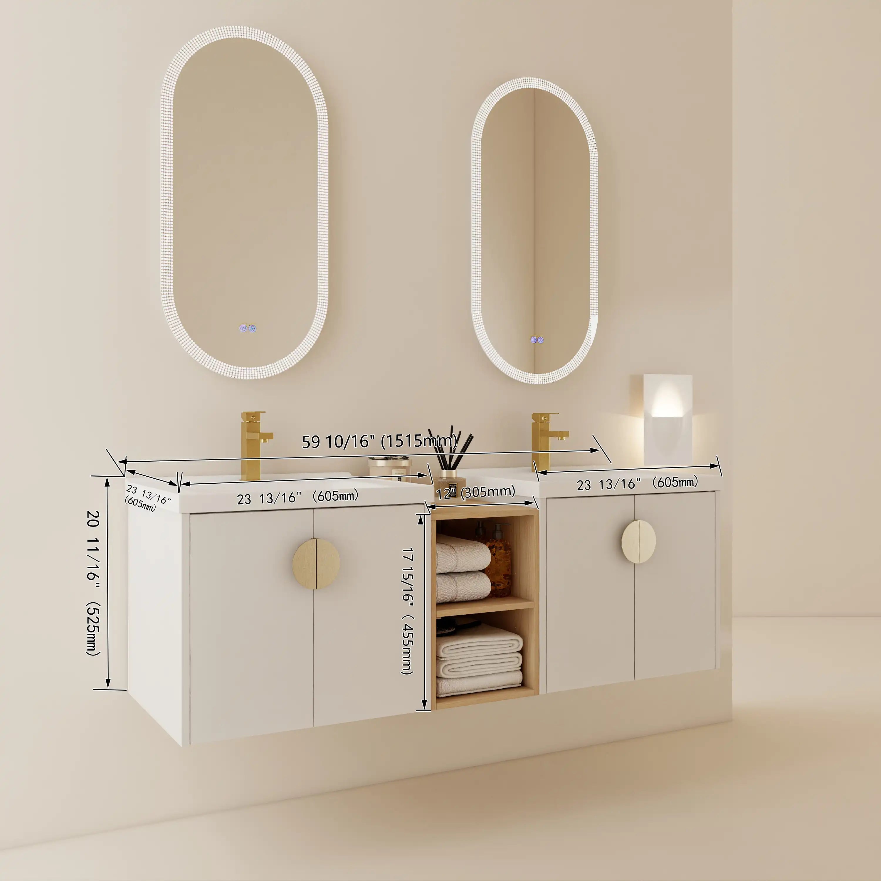 60 inch floating vanity dimensions showing wall-mounted double sink bathroom layout | Ace Decor