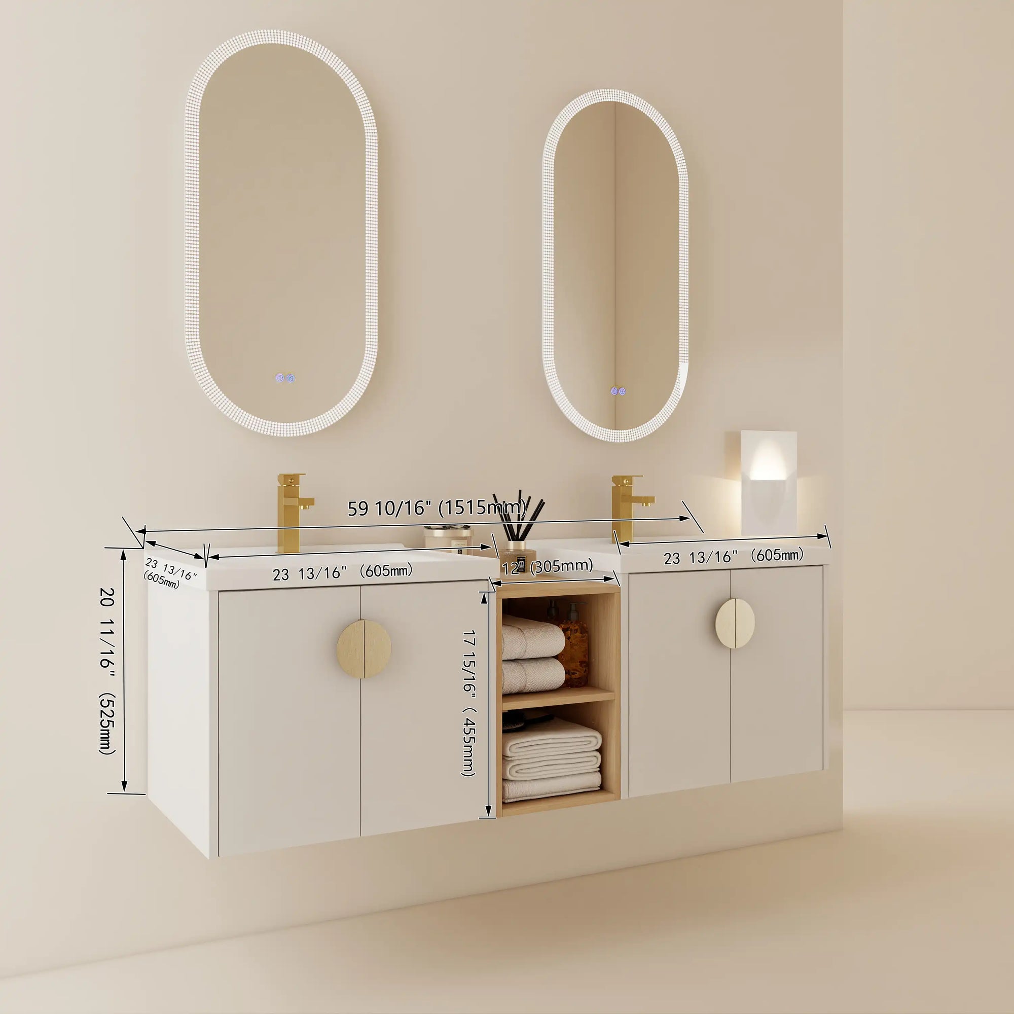 60 inch floating vanity dimensions showing wall-mounted double sink bathroom layout | Ace Decor