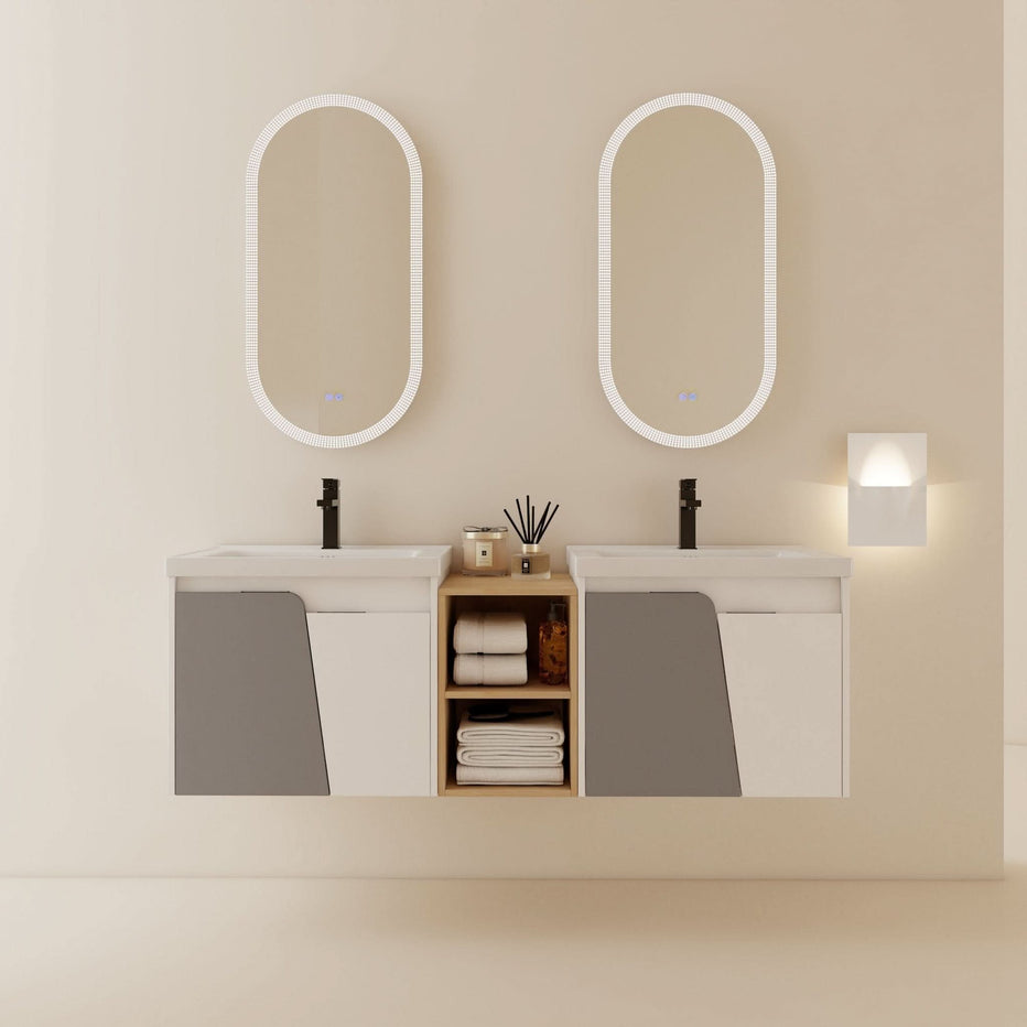 59 Wall-Mounted Double Sink Vanity – 2 Sinks, 3 Colors, Smart Storage with Doors/ Drawers