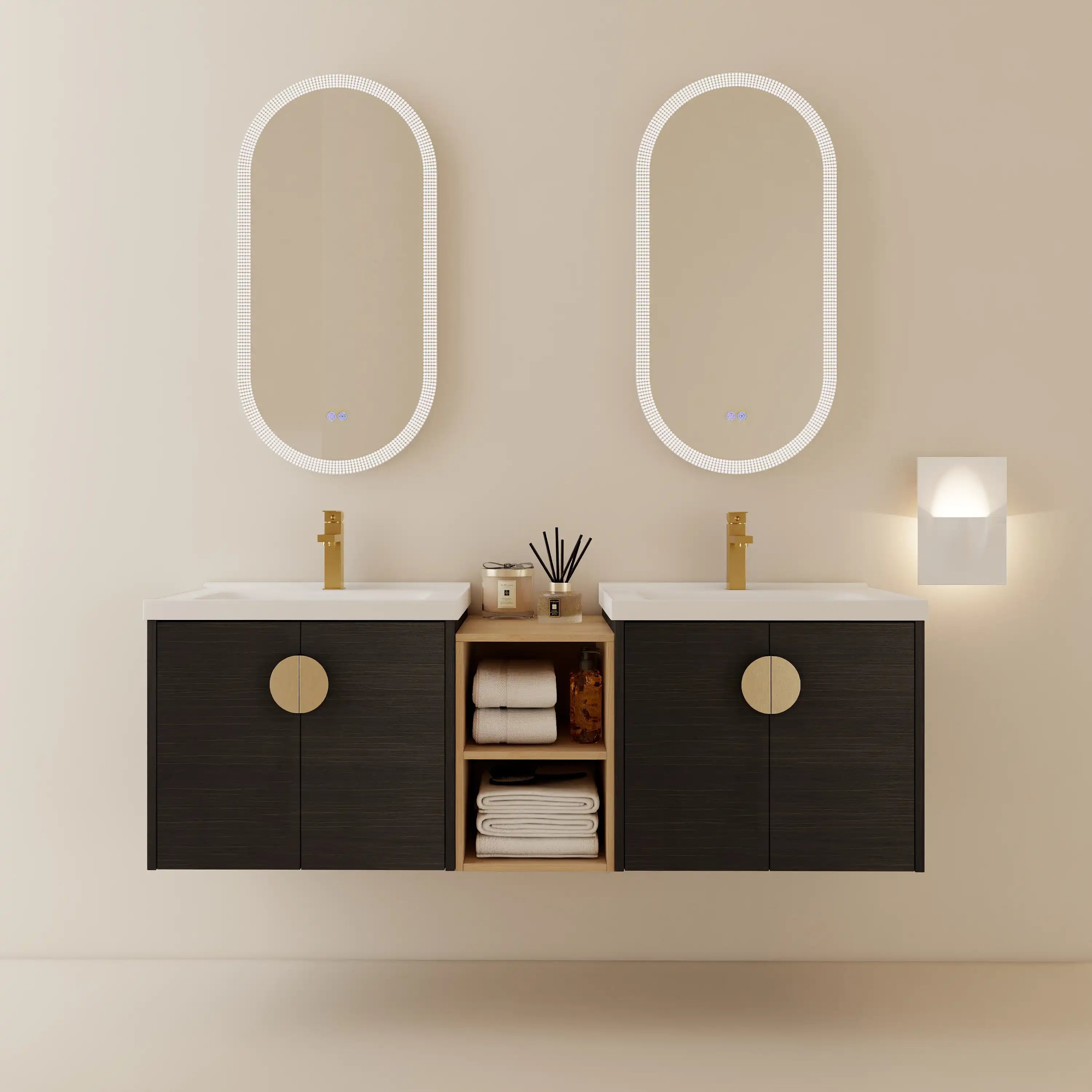 60 inch bathroom combo vanities with soft-close cabinets, open shelving, and modern minimalist style | Ace Decor