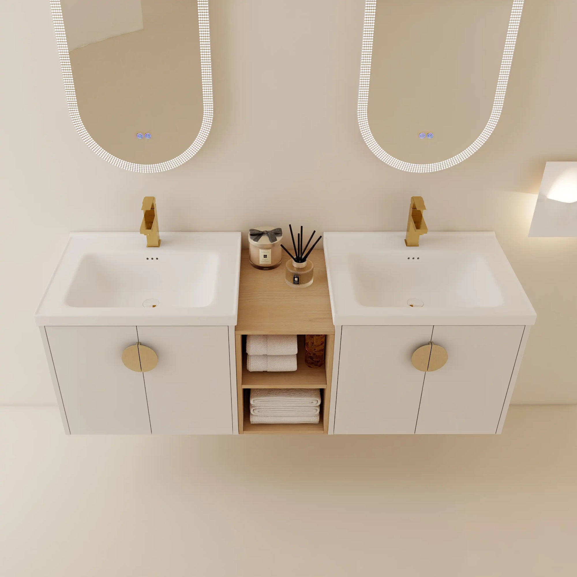 60 inch floating vanity with double ceramic sinks and open center storage shelf | Ace Decor