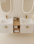 60 inch floating vanity with double ceramic sinks and open center storage shelf | Ace Decor