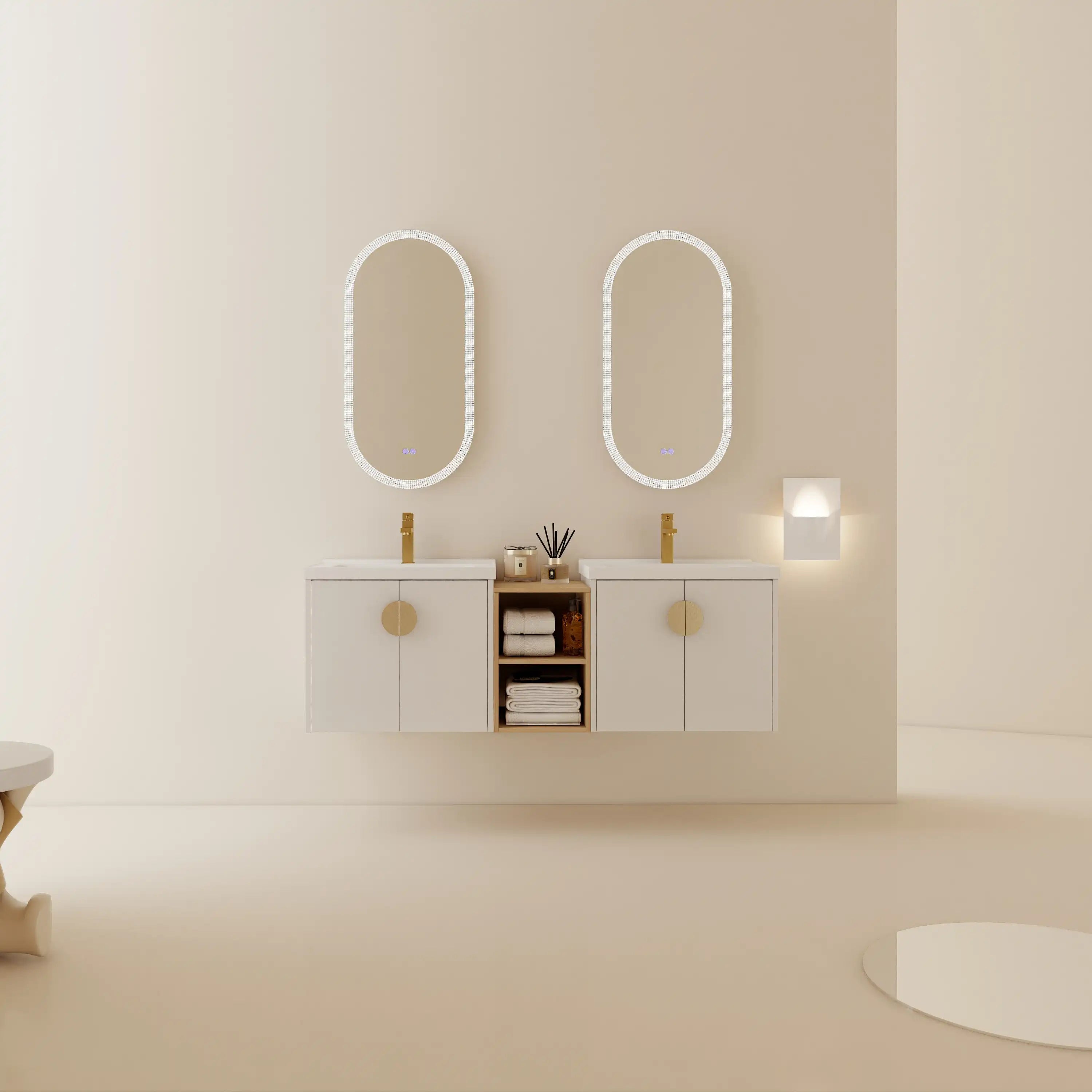 60 inch floating vanity with double sinks, white finish and wall-mounted modern design.