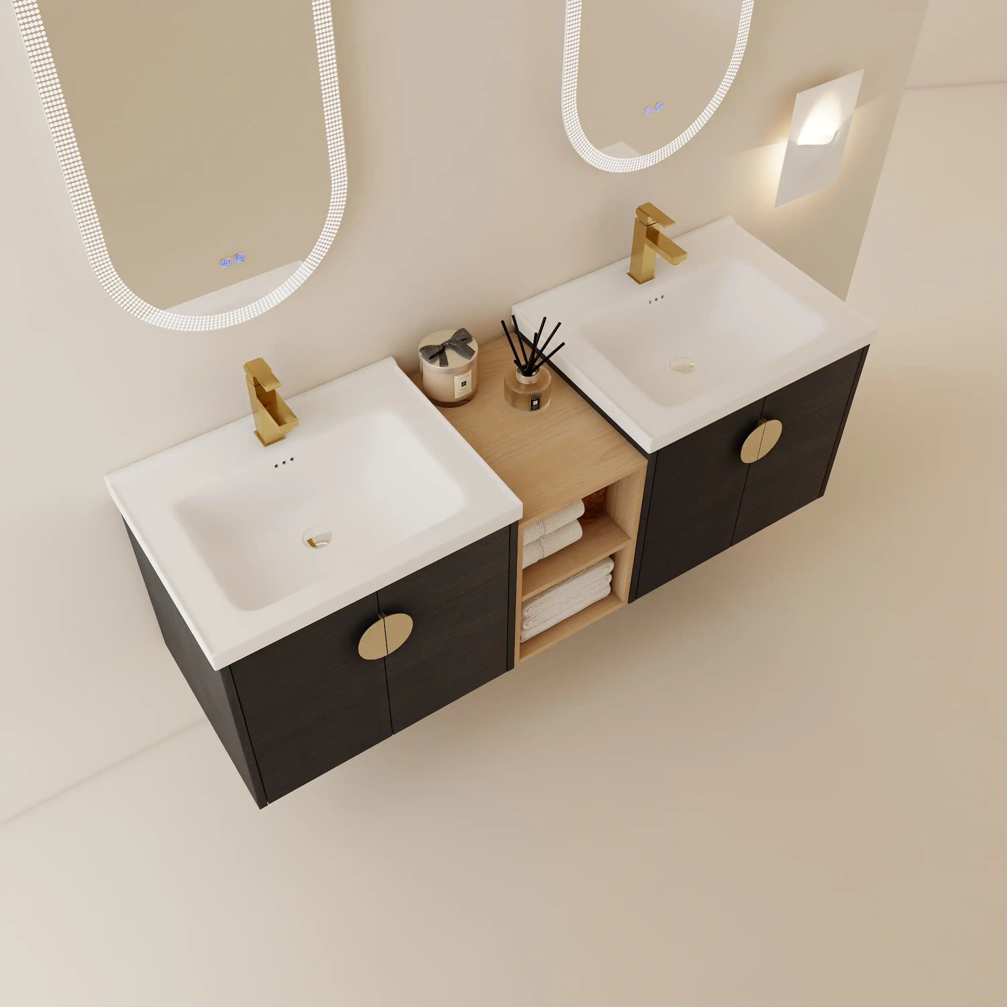 60 inch bathroom combo vanities with double sinks, black floating vanity and center open shelf | Ace Decor