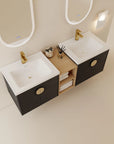 60 inch bathroom combo vanities with double sinks, black floating vanity and center open shelf | Ace Decor