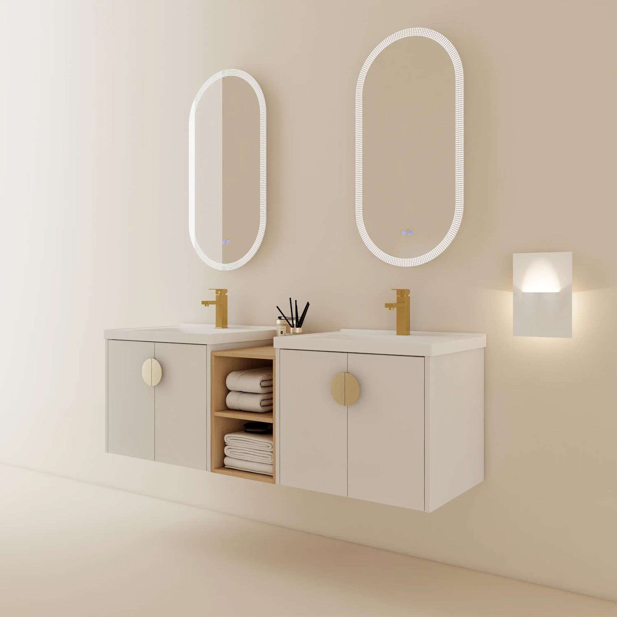 60 inch floating vanity in white with double sinks, open center shelf, and wall-mounted design | Ace Decor