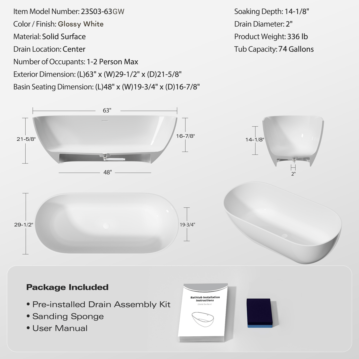 Luxurious Handcrafted Solid Surface Freestanding Bathtub color: white