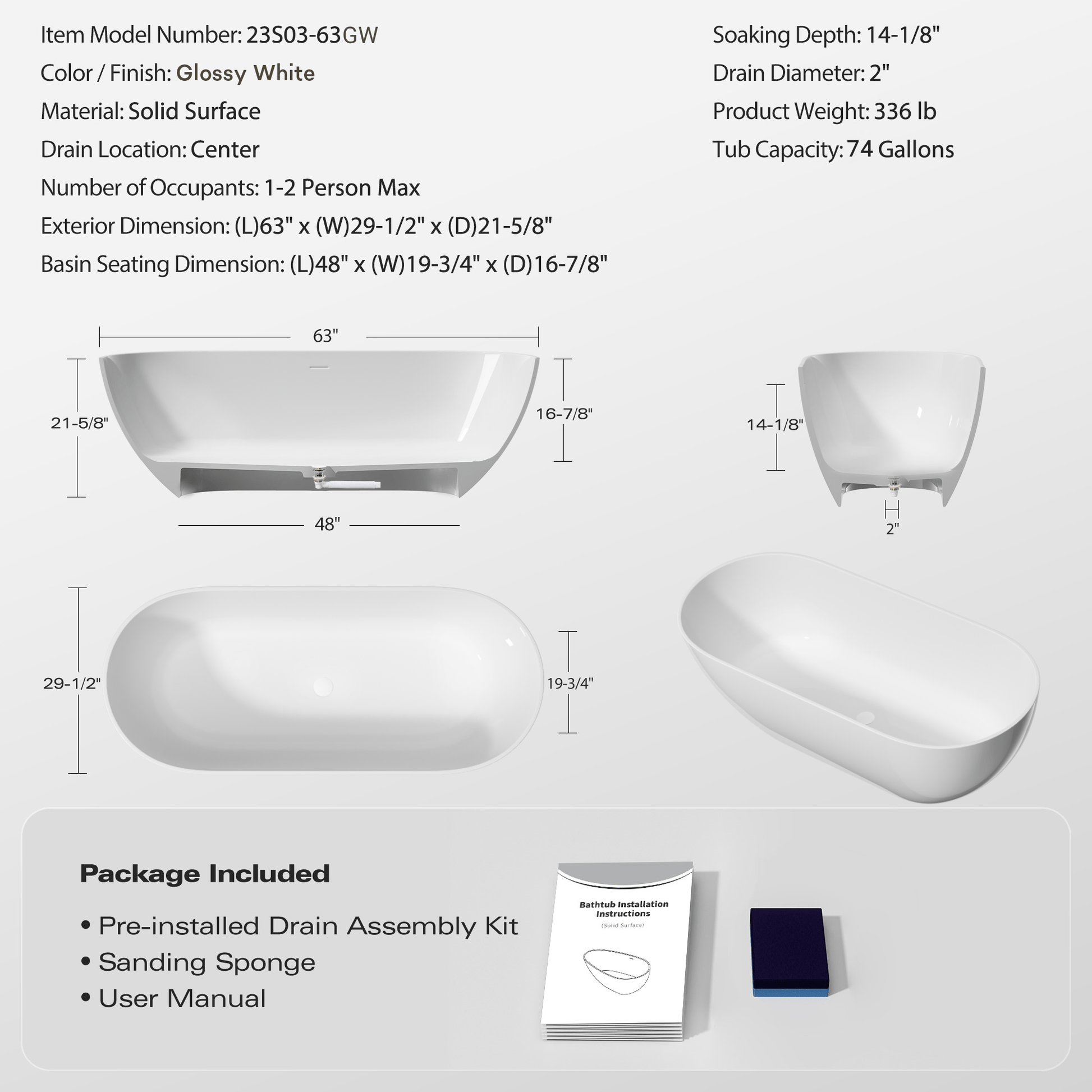 Luxurious Handcrafted Solid Surface Freestanding Bathtub color: white